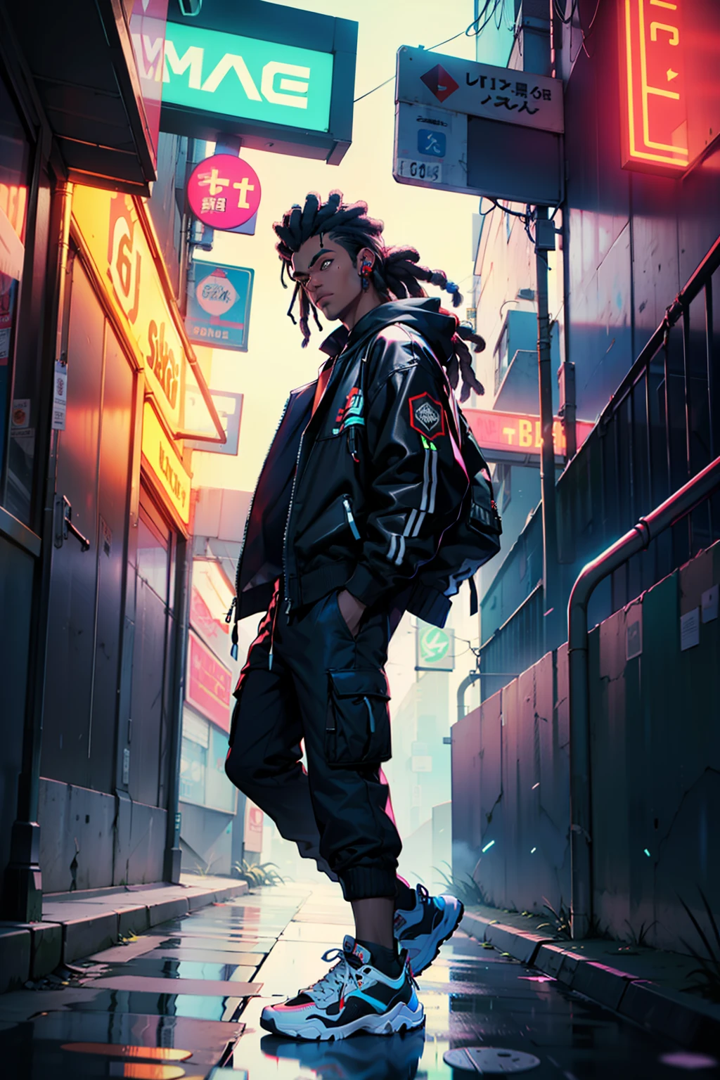 homem brasileiro, afro descendente, cabelo dreadlocks masculino curto, jaqueta streetwear moderna, cargo pants, em uma cidade cyberpunk, neon lighting, estilo glitched, in the nighttime, super detalhado, intrincado