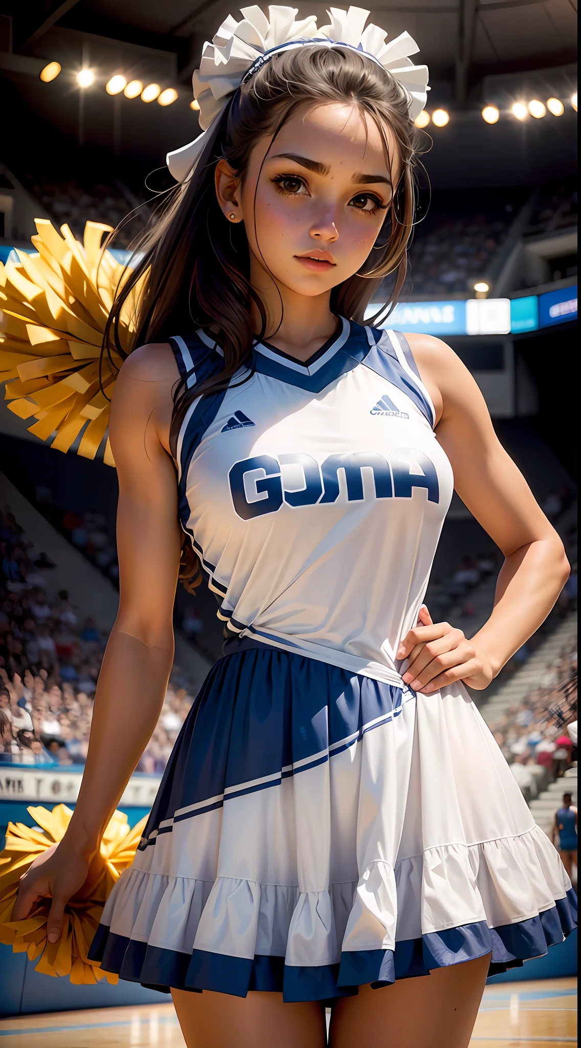 uma linda garota, cheerleader dress, arena de basquete.