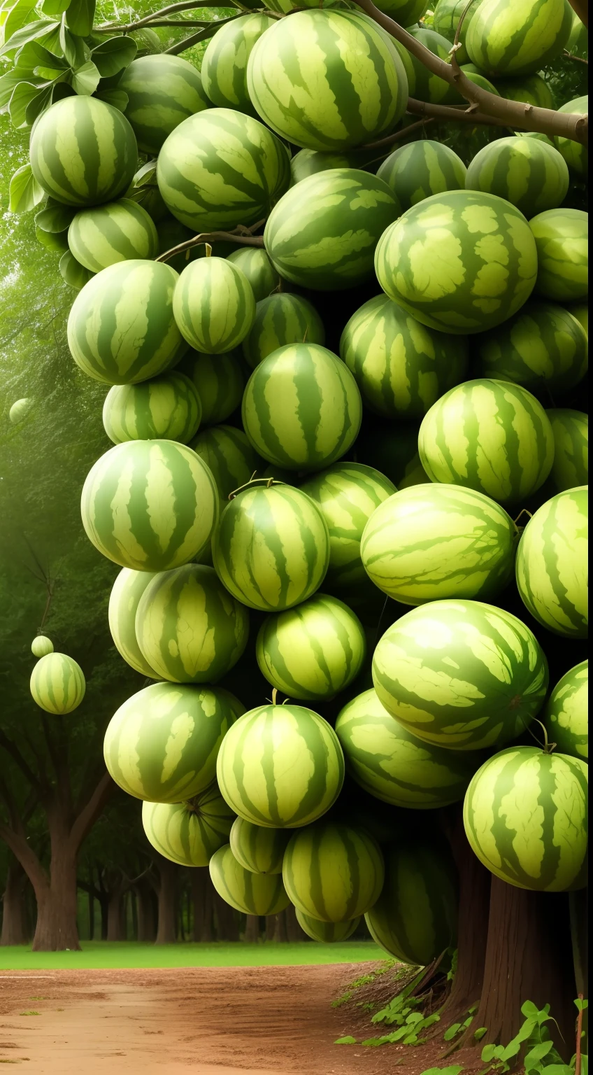 A tree overgrown with large watermelons