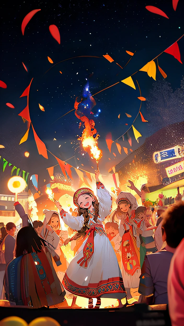 A girl in a dress dances in front of a crowd, Guviz, Guviz-style artwork, summer festival night,