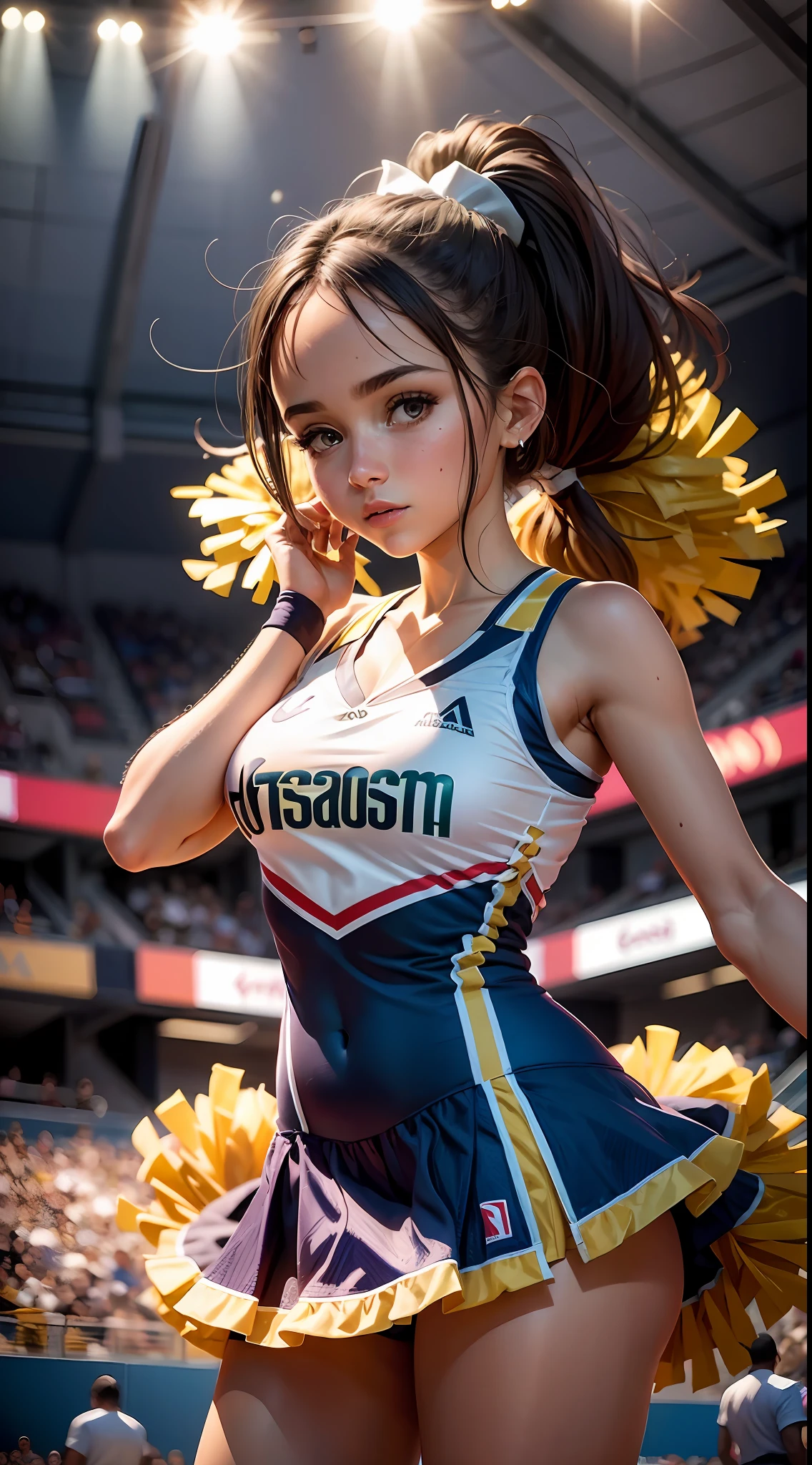 uma linda garota, cheerleader dress, arena de basquete.