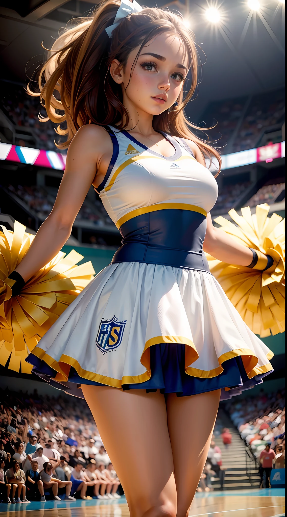 uma linda garota, cheerleader dress, arena de basquete.