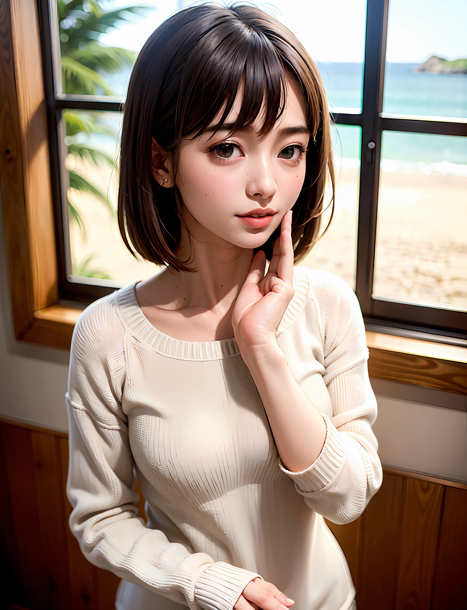 女の子1人、top-quality、realisitic、独奏、depth of fields、Natural light、during daytime、inside in room、魅惑的、lipgloss、beauitful face、Cleanliness、Pure face、de pele branca、kawaii、pretty shorthair with bangs,、the beach、rays of sunshine、nedium breasts、full body Esbian、((Sweaters、With light brown eyes、Beautiful face of golden proportions、Tall cute supermodels))、long neck、Put your ears out、Clean short bob hair with bangs、Close your mouth and smile happily、Perfect fingers、perfect hand、Perfect body、face perfect、Shine a light into the eyes、Perfect Anatomy