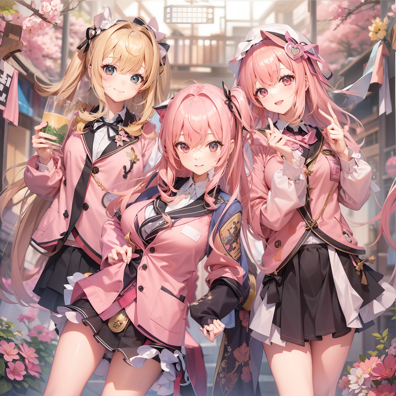 harems　Multiple girls are depicted　a smile　a blond　Pink hair　校服　blazers　top-quality　​masterpiece　超A high resolution