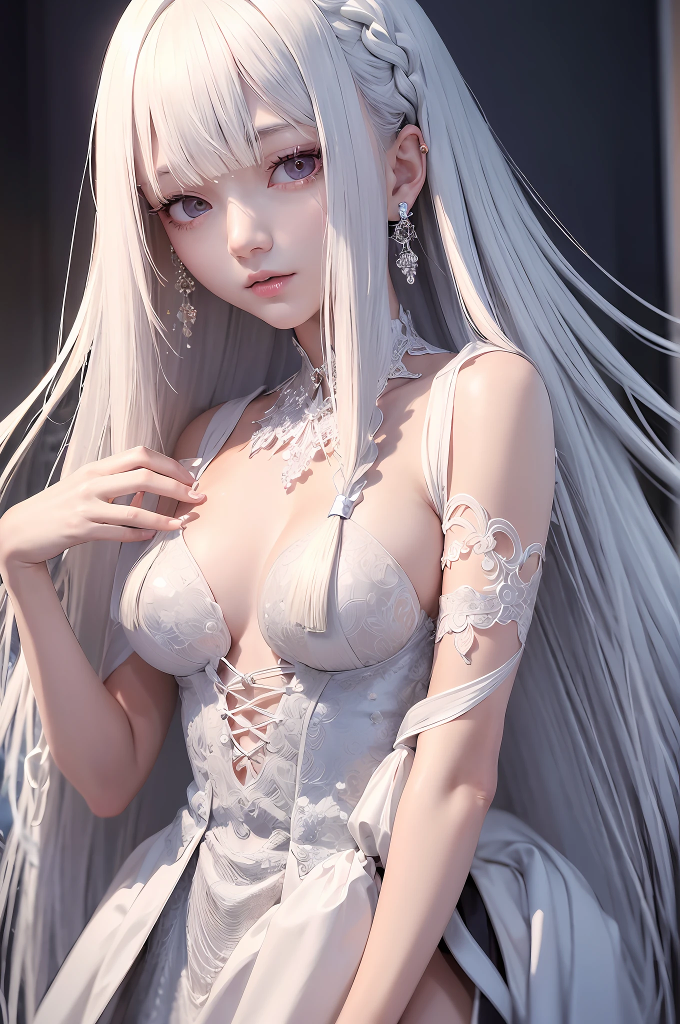 top-quality、​masterpiece、8K、femele、white  hair、Akame、white  clothes、look up to、cowboy  shot、Hair strands、light skinned、Side braid、Detailed hair strands、A detailed eye、A detailed face、Detailed mouth、Detailed hand、Detailed finger、