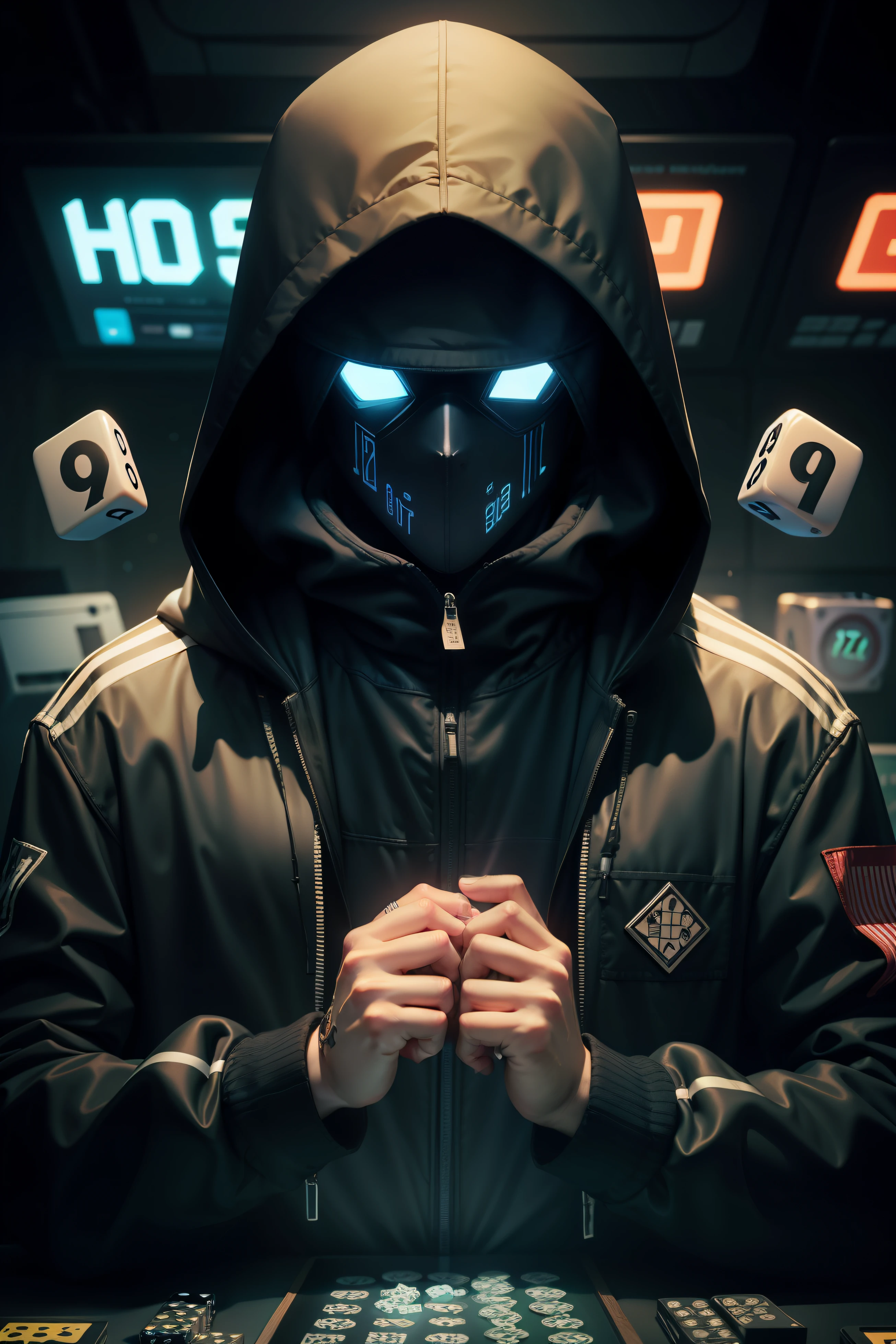 Hooded hacker that a man in a hooded jacket is surrounded by numbers and dice in the background,sem mostrar o rosto