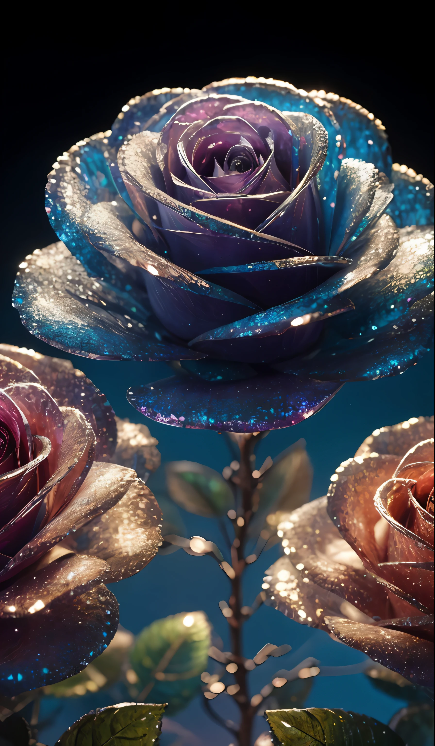 Crystal roses, fanciful, galaxias, cleanness, glittery, glittery, splendor, Colorful, Amazing photography, dramatic lighting, photo-realism, ultra - detailed, 4k, depth of fields, A high resolution