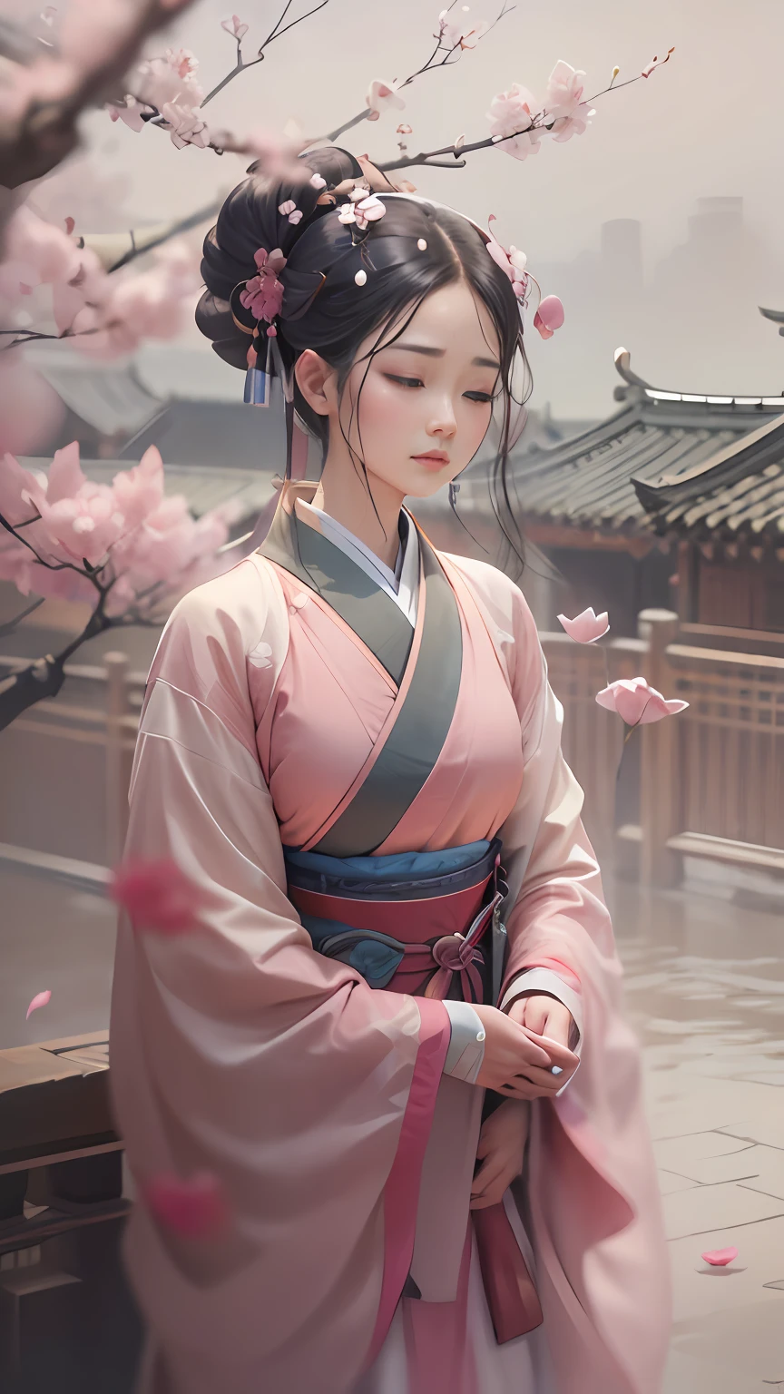 Oriental classical woman with delicate facial features,Peach blossoms bloom outside the flat-roofed wall,The woman lowered her head,Eyes closed,The face was full of sadness,Character Spotlight,Side half,The ancient city of Hangzhou looms in the background。A drizzle,with petals falling,Drawn by Zao Wou-Ki - Niji5,Depth of field 1.5,Cinematic texture,Top side light