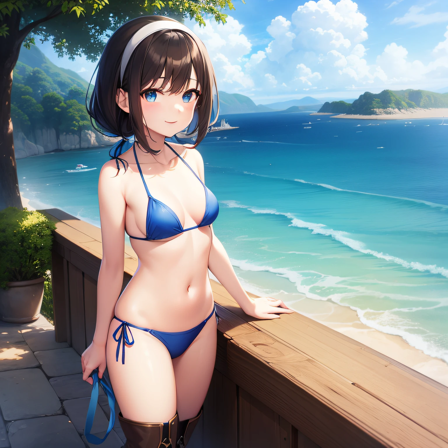 top-quality、extremely delicate and beautiful、teens girl、11 year old、(dark brown hair)、Blue Micro Bikini、(poneyTail))、(white hairband)、(Brown boots)、blue eyess、is standing、a smile、The background is the sea、Facing the front