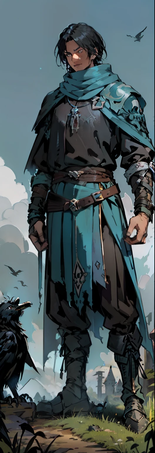 rpg, medieval fantasy illustration, black crow on a human skull, with bulging canines, on the grass next to a sword stuck in the ground, with a torn blue cloth tied to the hilt, dark light