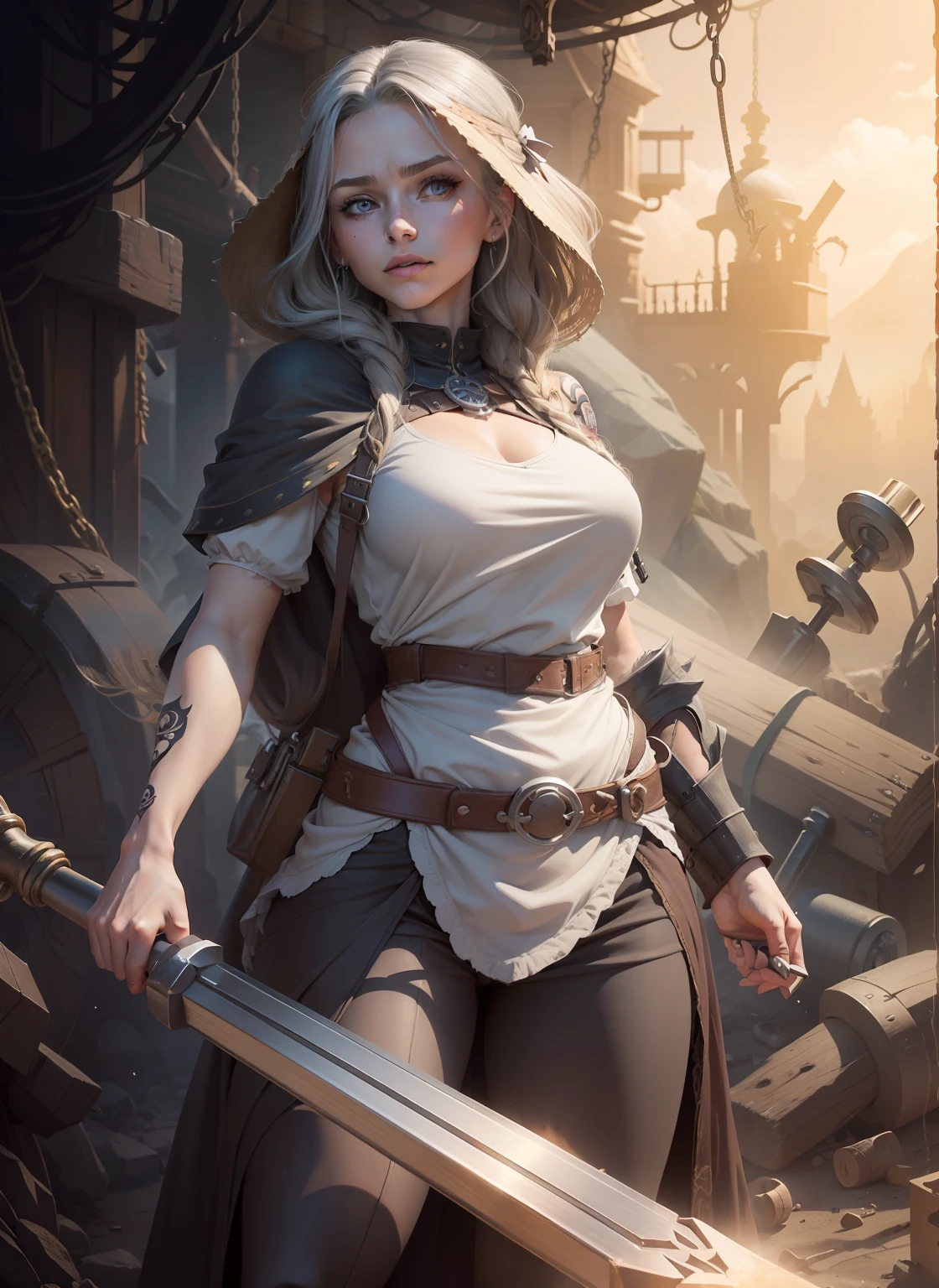 Please generate an imagine in a drawn fantasy-like art style for me. This image should contain parts of a strong human female closed mouth small nose that is around 30 years old and has grey-blond shoulder long hair. Focus on her arms and make sure that she has a tiny tattoo on one of her arm. The tattoo resembles a hammer and an anvil, both are encircled by a cogwheel. Make sure that this is actually not a tattoo and there is not a real hammer, anvil or cogwheel as part of the arm. Additionally, make sure that this is the only tattoo this person has. Picture her in a closed room.