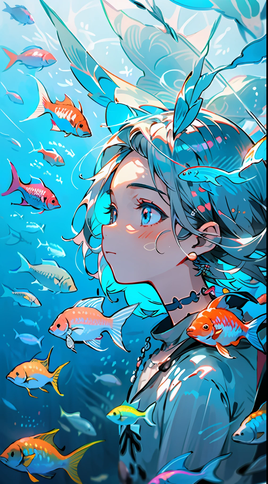 Kizi，(facial closeups)，sideface，eBlue eyes，whaite hair，short detailed hair，Defined strands of hair,usa ropa blanca，Light blue theme，((Light blue background))，((((Schools of colorful fish))))，独奏，jewely，耳Nipple Ring，Buble，choker necklace，Underwater footage，jelly fish，seaweed，Floating hair，((Exquisite digital illustration))，Multi-detail digital illustration，A high resolution，high qulity