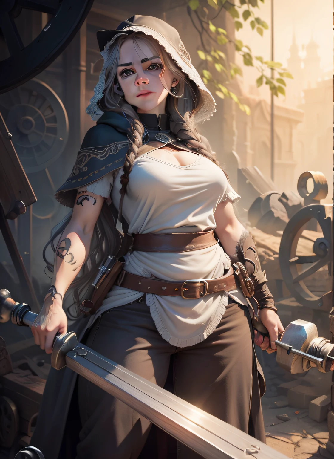 Please generate an imagine in a drawn fantasy-like art style for me. This image should contain parts of a strong human female closed mouth small nose that is around 30 years old and has grey-blond shoulder long hair. Focus on her arms and make sure that she has a tiny tattoo on one of her arm. The tattoo resembles a hammer and an anvil, both are encircled by a cogwheel. Make sure that this is actually not a tattoo and there is not a real hammer, anvil or cogwheel as part of the arm. Additionally, make sure that this is the only tattoo this person has. Picture her in a closed room.