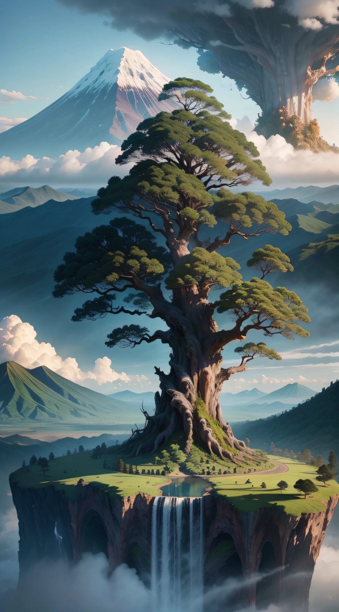 View of a huge tree, and Alfide's Cloud, Composed of trees and a fantasy valley, (The foreground is a big tree),Huge tree,with a volcano in the background,an amazing landscape image, indonesia national geographic, Eric Pevernagy, Complex and epic composition, Huge tree landscape, author:Patrick Cheng, Mark Adamus, lpoty, enchanting and otherworldly, Award-Awarded, Best quality, A high resolution, Masterpiece, 8K