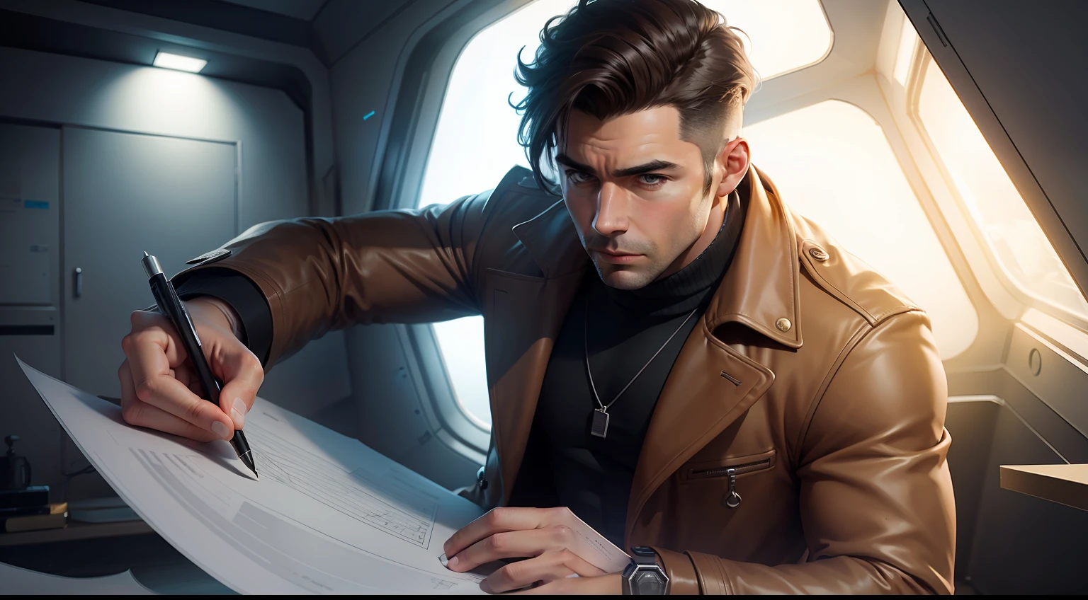 A male detective in brown coat, making sketch on a paper, inside of a futuristic room.