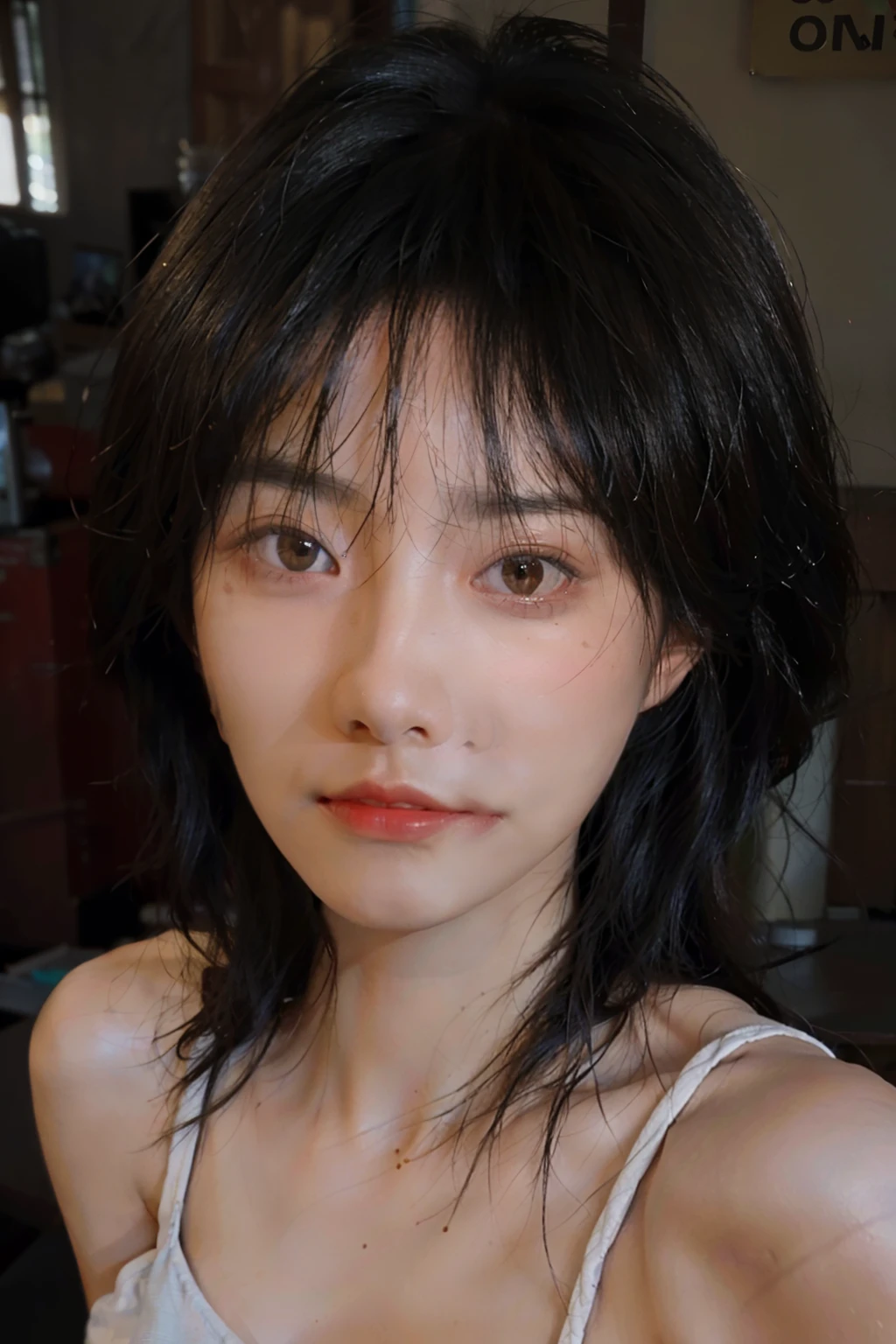 8K,Best quality, masterpiece, ultra high res, (photorealistic:1.4), raw photo, (Authentic skin texture:1.3), (film grain:1.3), (selfie angle),1girl,beautiful detailed eyes and face,masterpiece, best quality,close-up,upper bod,