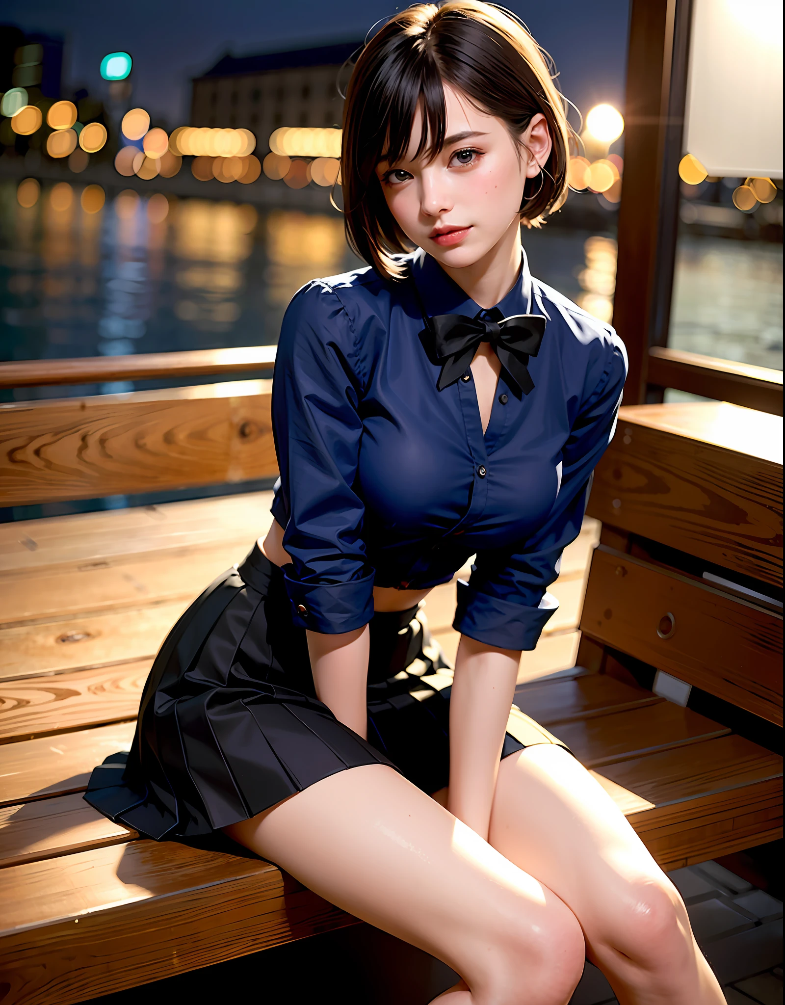(8K, RAW photo, Best Quality, Masterpiece: 1.2), (Realistic, Photorealistic: 1.37), Ultra HD, 1 girl, Cute, Solo, Beautiful sky, Detailed cafe, Night, Sitting, date, (nose lip), (smile: 1.1), (closed), medium breasts, beautiful eyes, (collared shirt: 1.1), bow tie, pleated skirt, (short hair: 1.2), floating hair