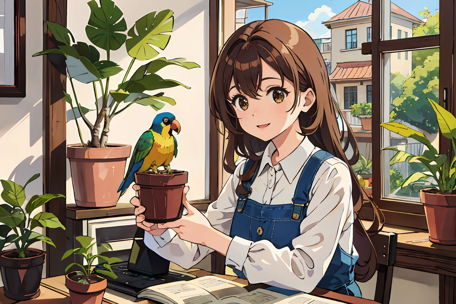 (Best quality, Masterpiece),Sunny,Broad lens,By the window,(Brown hair long),Lively cute girl with long brown hair,Little Keck parrot,Plants in pots,Sunlight,Bright and happy