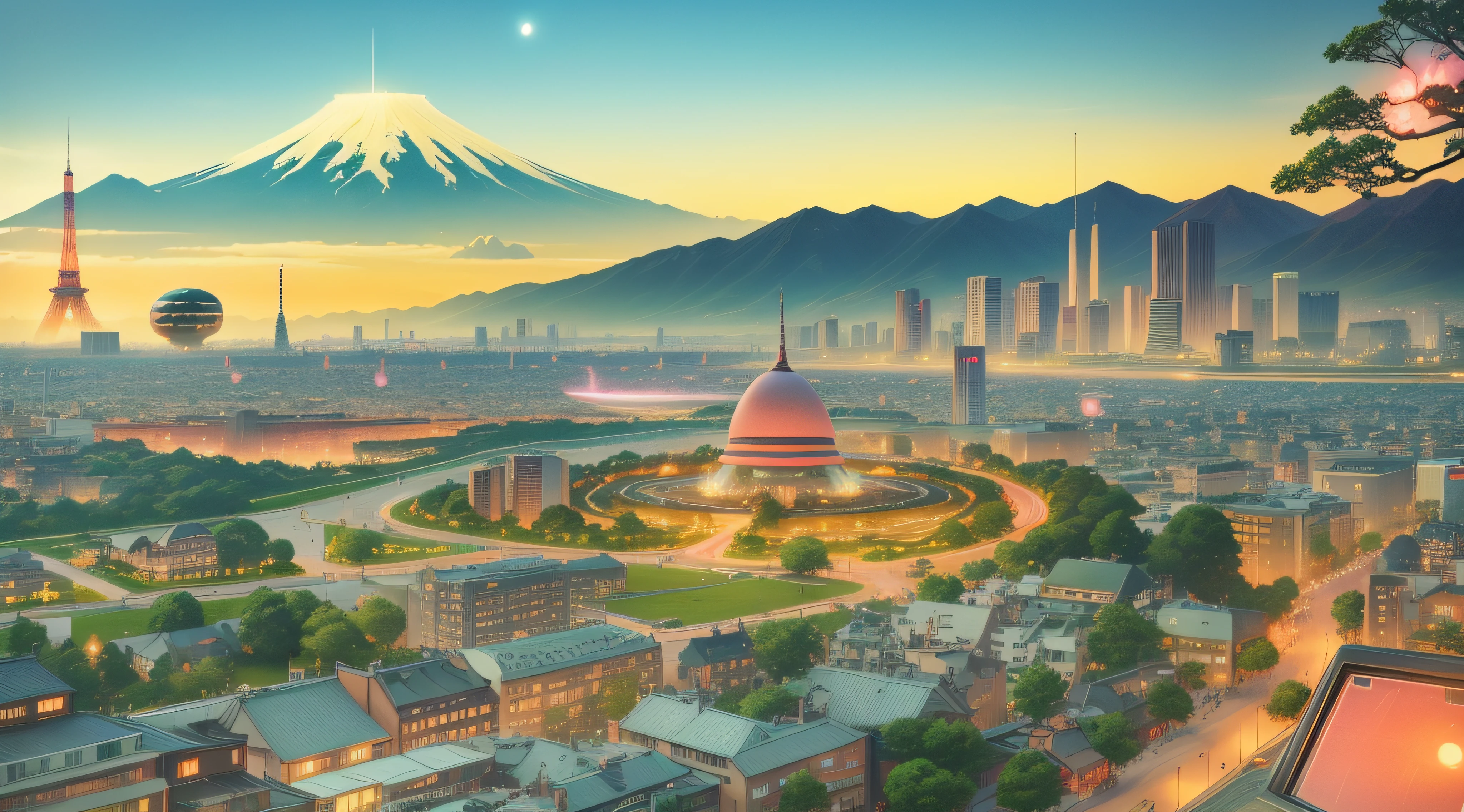 keep the colors, Make the city become futuristic, add many flying cars in the sky, add airships flying in the sky, add red sun above the mountain, add floating cities, add more tall buildings, add Tokyo tower from afar, change green trees to pink, add flying cars, add flying futuristic airships, add cherry blossom trees all over the places