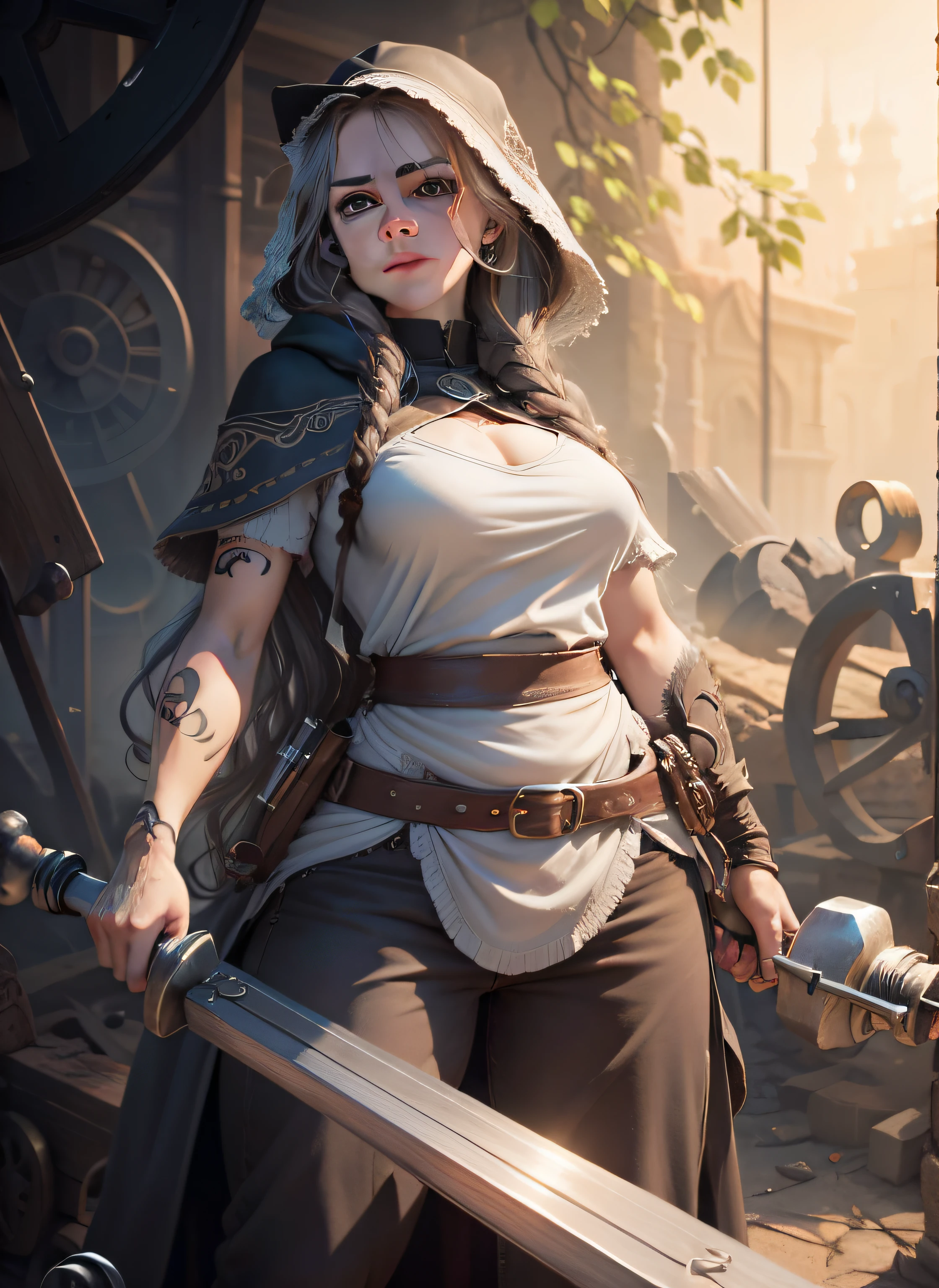 Please generate an imagine in a drawn fantasy-like art style for me. This image should contain parts of a strong human female closed mouth small nose that is around 30 years old and has grey-blond shoulder long hair. Focus on her arms and make sure that she has a tiny tattoo on one of her arm. The tattoo resembles a hammer and an anvil, both are encircled by a cogwheel. Make sure that this is actually not a tattoo and there is not a real hammer, anvil or cogwheel as part of the arm. Additionally, make sure that this is the only tattoo this person has. Picture her in a closed room.