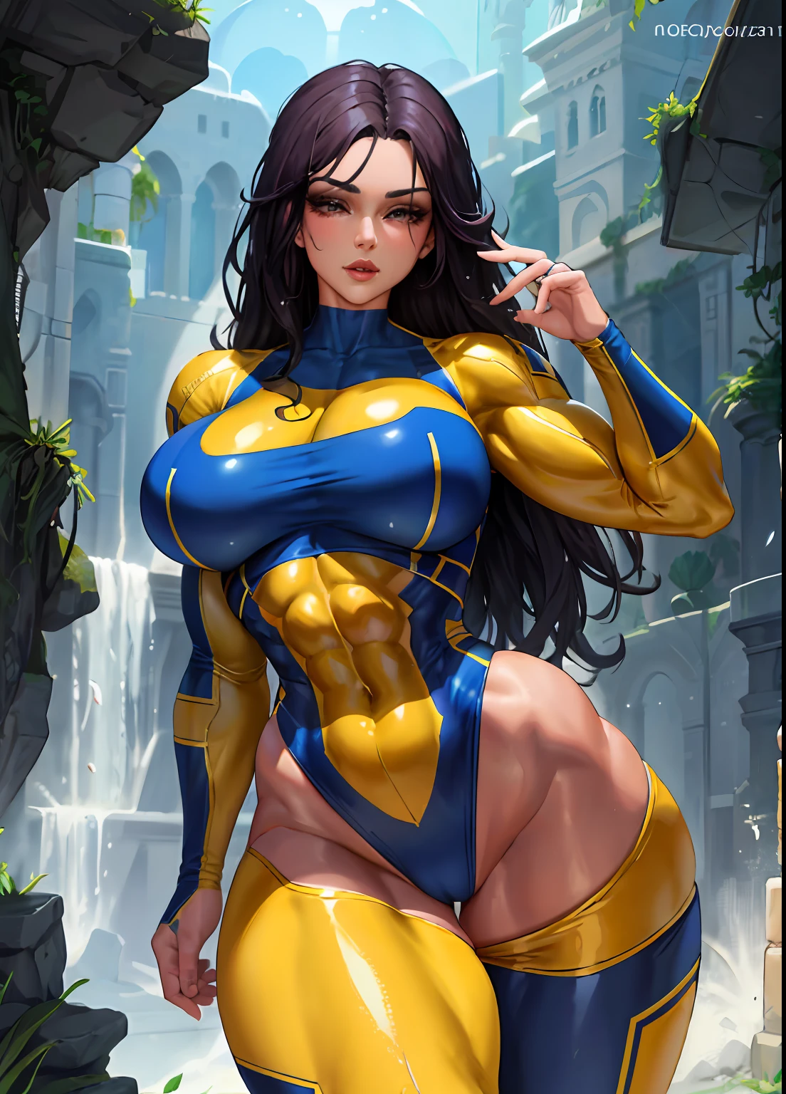 1girl, gorgeous, muscular, thick thighs, mature female, abs, wide hips, (masterpiece, high quality:1.1) ,shiny skin, soft, smooth skin, breast indentation, tight suit, busty, curvy, fit, toned, camel toe, lipstick, thick lips, make-up, highly detailed, kawaii, wet and shiny,