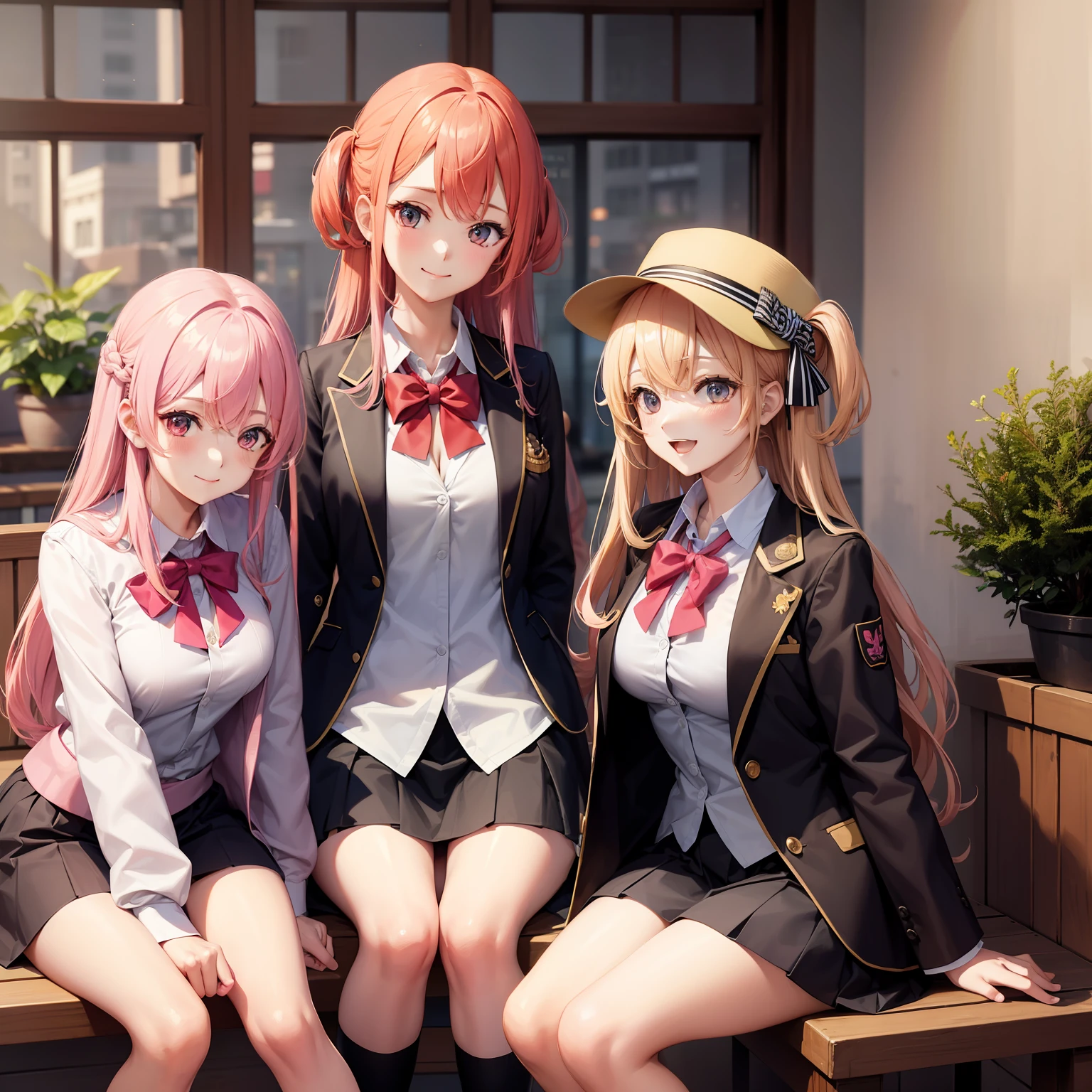 harems Multiple girls are depicted a smile a blond Pink hair 校服 blazers top-quality masterpiece 超A high resolution