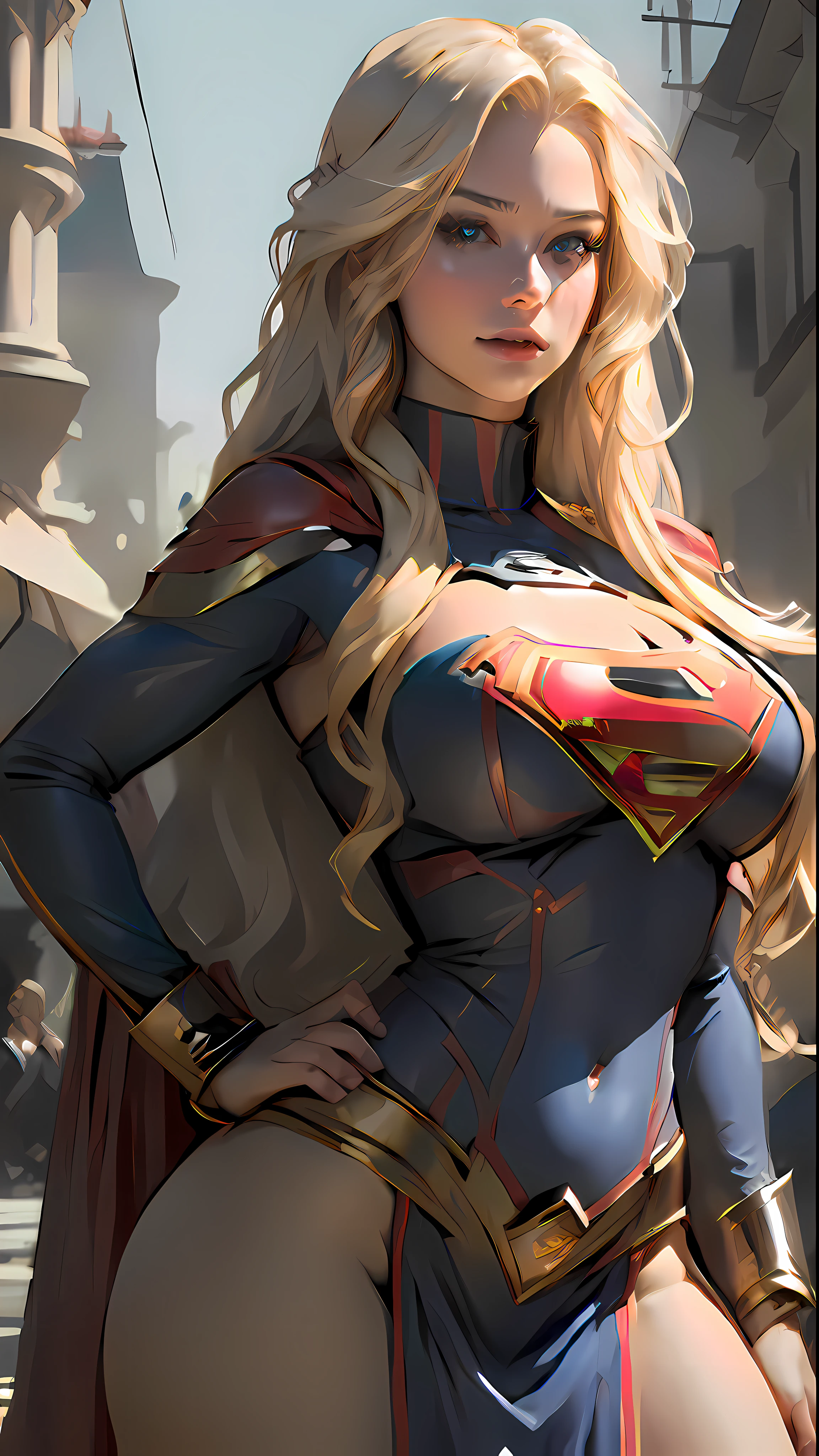 (Best quality)), ((Masterpiece)), ((Realistic)), (Detailed), Detailed face,supergirl Beautiful woman (20 years old, Long blonde hair, Blue eyes) Defined body, Detailed, using tube dress cosplay supergirl suite,(((Huge breasts)))