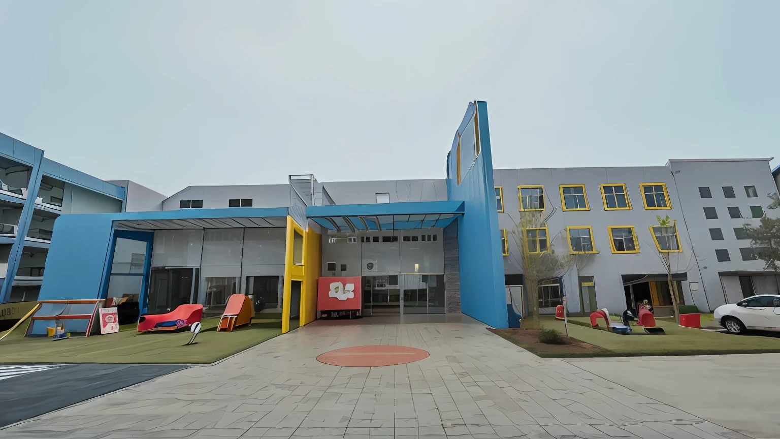 Kindergarten building,Childlike,Minimalist colors (Detailed depiction+Clear lines:1.2)