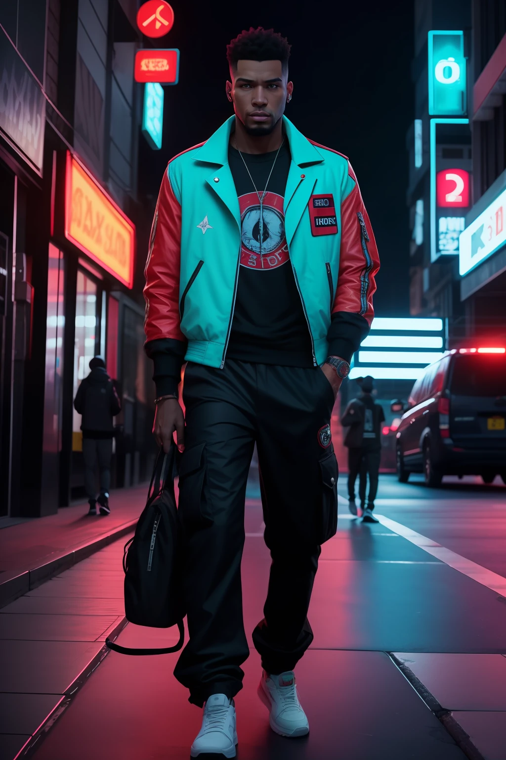 homem brasileiro, afro descendente, cabelo dreadlock curto masculino high fate with twist, jaqueta streetwear moderna, cargo pants, em uma cidade cyberpunk populosa, sentado desleixado em um banco, neon lighting, estilo glitched 3D, in the nighttime, super detalhado, intrincado, 8k, melhor qualidade, RTX