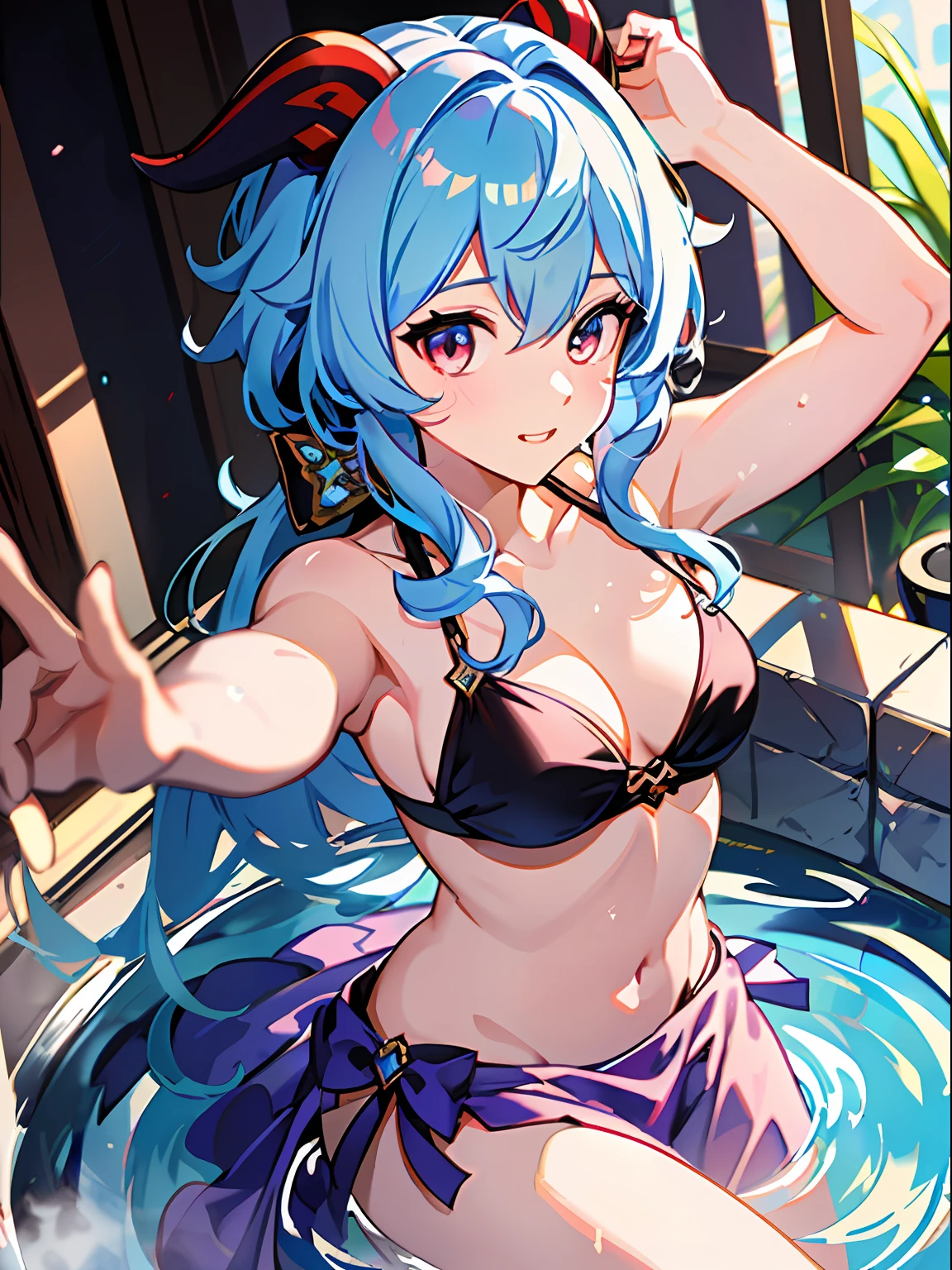 1girl (​masterpiece) (top-quality)(Shiny hair)(Glossy skin)、bath、bath towels、Wearing a bath towel、 sarong, Dancing Princess、ganyu \(genshin impact\)、lightblue hair、red eyes、Red horn