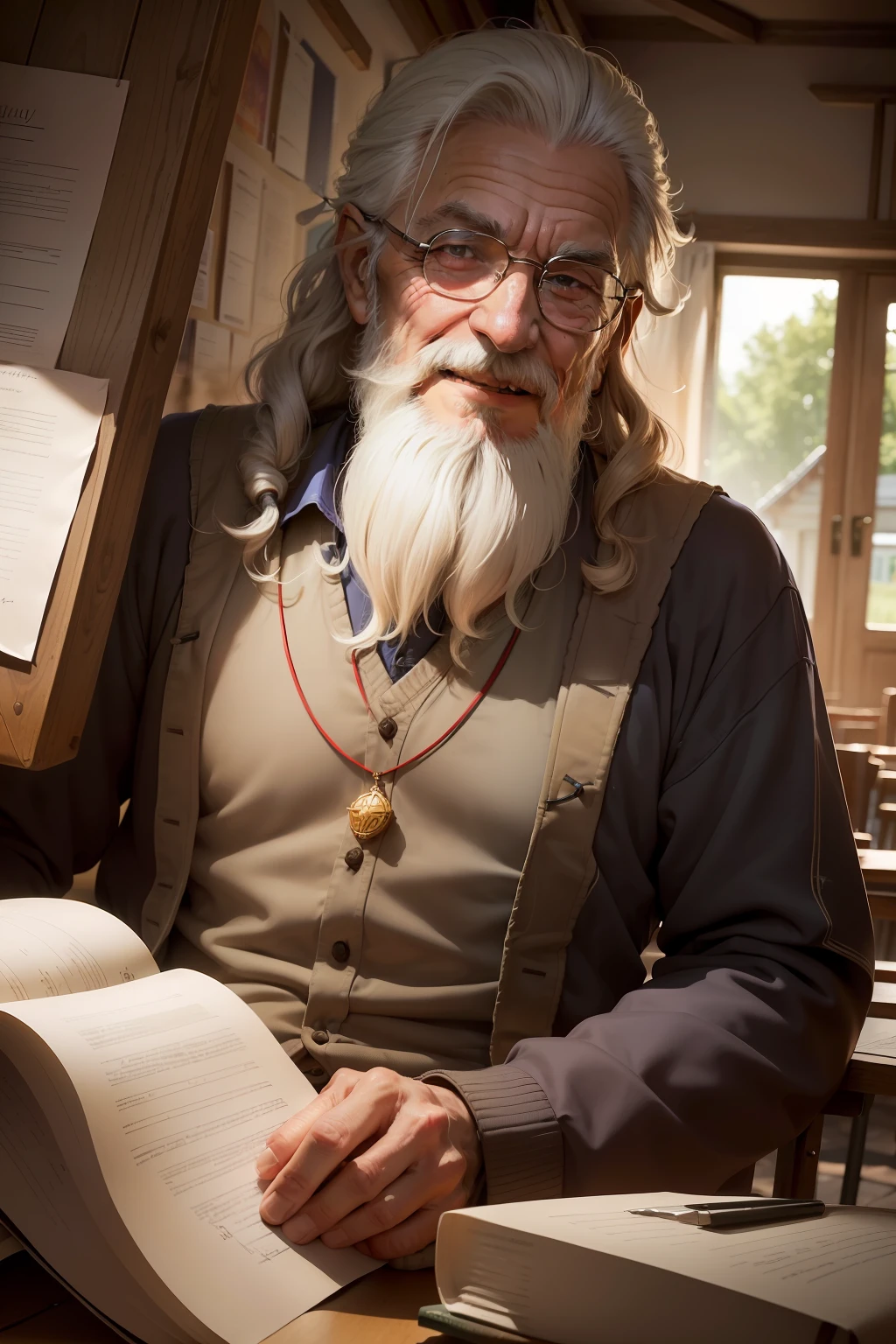 solarpunk school, ( Nahor: 70 lat, Christian, A philosopher with a long beard and a cheerful smile. Jego spokojne i opanowane zachowanie sprawia, that he is a respected mentor to many villagers. Nahor nie jest z wioski Nede; He came to her as a refugee many years ago. Thanks to his education and passion for philosophy, He won the recognition of the residents. On a daily basis, he runs the school. Siedzi skrzynie w namiocie i uczy dzieci. Accepted into the elders as a representative of diversity of thought. )