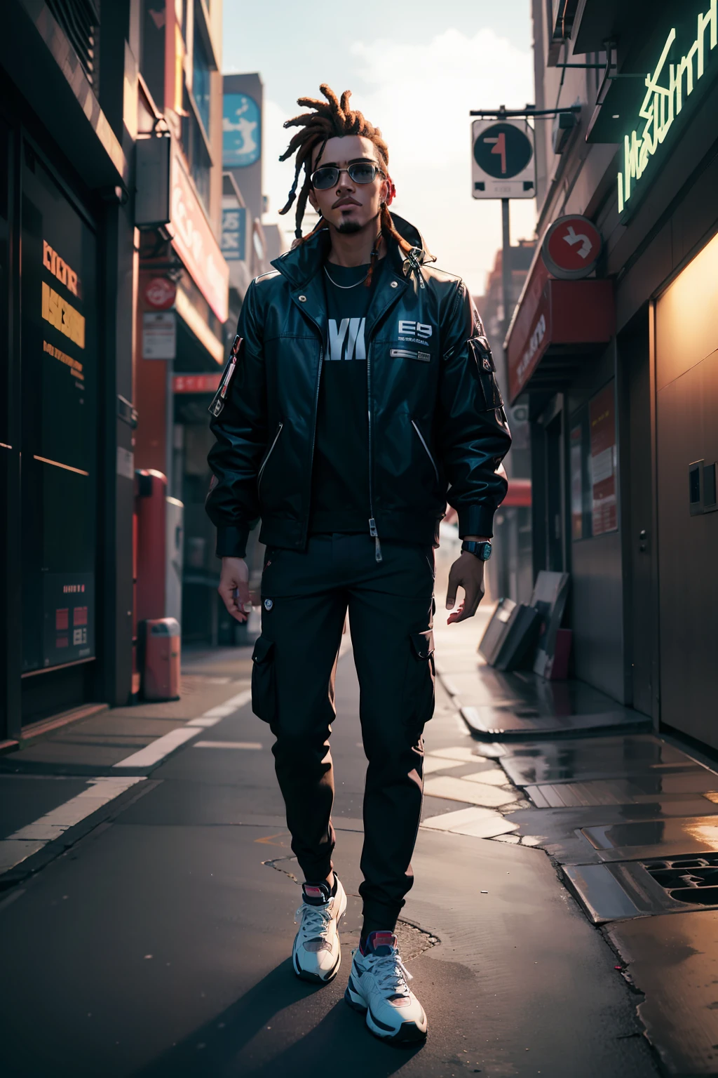homem brasileiro, afro descendente, cabelo dreadlock curto masculino high fate with twist, jaqueta streetwear moderna, cargo pants, em uma cidade cyberpunk populosa, sentado desleixado em um banco, neon lighting, estilo glitched 3D, in the nighttime, super detalhado, intrincado, 8k, melhor qualidade, RTX