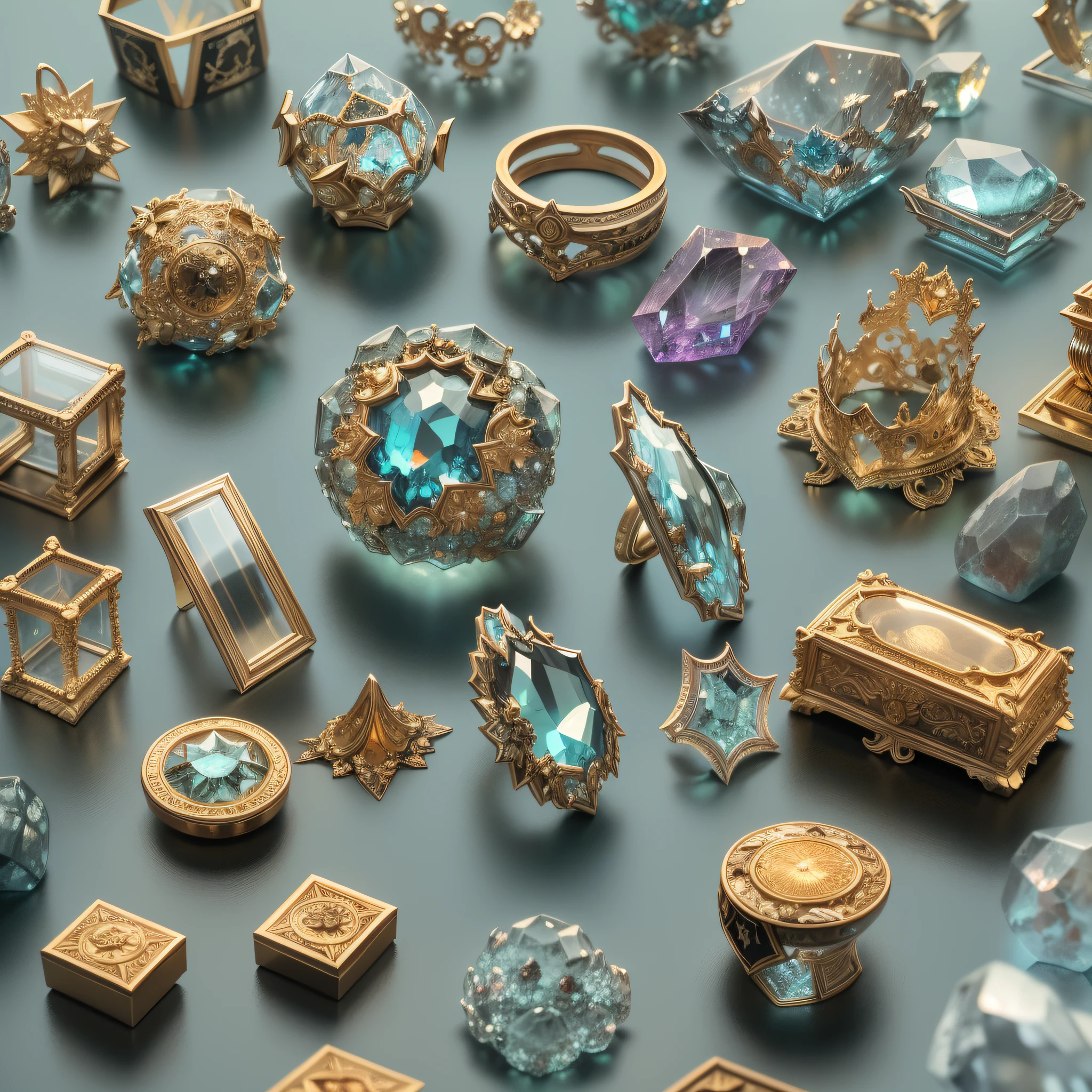 Devil style,(Full Focus),Antiques in display cases,Jewelry in a display case,Crystal gemstones in display case,Gold and silver products,magic item,Magic light particle effect,High-tech luxury, High-value jewelry,,High-value metals,luxury goods,Puzzles are prohibited, Detailed and complex background, glittery, reflective light, hyper HD, Award-Awarded, A high resolution, High detail, Chiaroscuro, Cinematic lighting, Masterpiece, Ray traching,structurally correct, Super detail, High quality, High details, Best quality, 16k