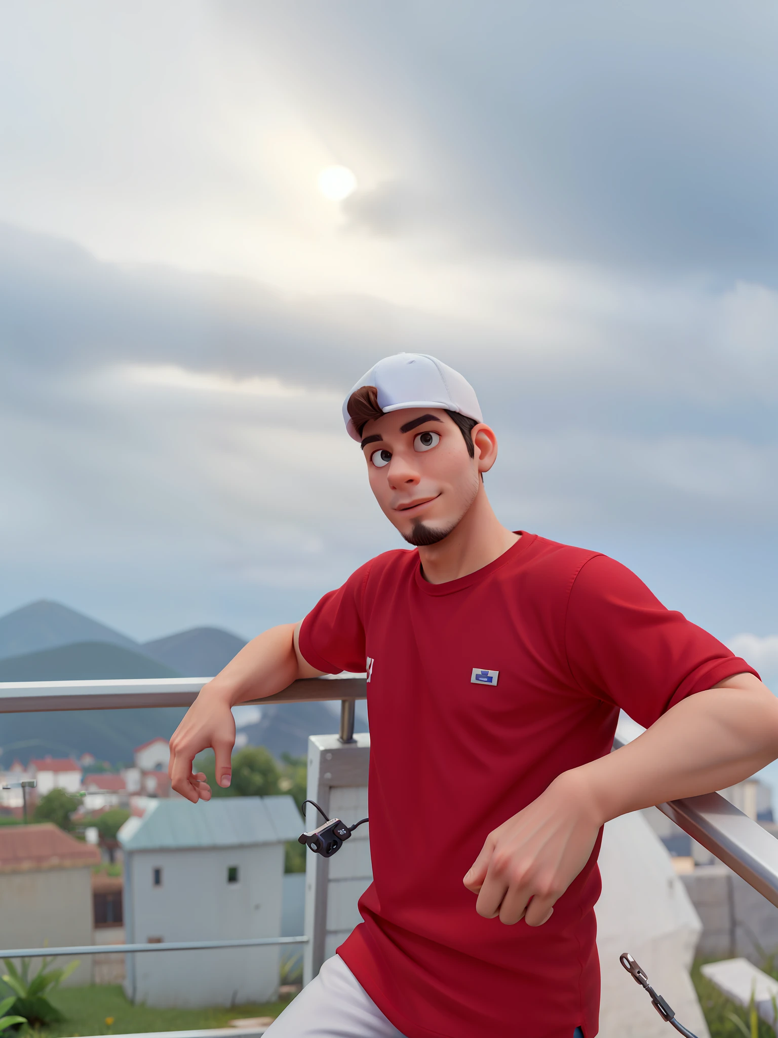 alta qualidade melhor qualidade, olhando para o cinegrafista,ung man, graves, rosto 3d em alta qualidade estilo pixar, mouth with closed lips in high quality, bigode ralo com cavanhaque falhado bem detalhado, cabelo castanho escuro em alta qualidade, fios aparente, Rear-facing cap in white color with a hole in the front ultra realistic where he passes a lock of hair(detalhado) Detailed wires falling towards the forehead, hyper detailed basic red t-shirt, Background highlighting with blue sky, Beautiful yellow and ultra realistic sunset, Estilo Disney Pixar, com detalhes minuciosos, casas ao fundo detalhadas minuciosamente, rodeado de montanhas, nuvens ao fundo desfocado, com bastante detalhes, 8k, Ultra Definition