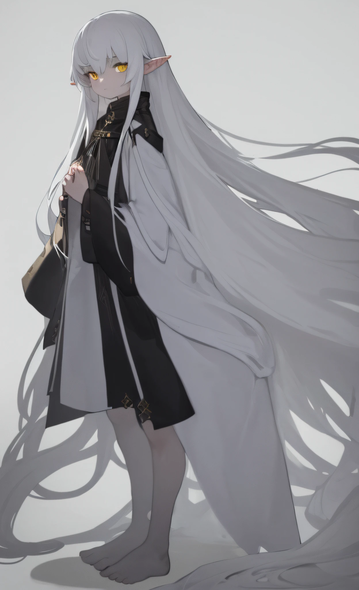 white background, best quality, generation 4, 1boy, solo, white hair, yellow eyes, elf, pointy ears, absurdly long hair, robe, full body