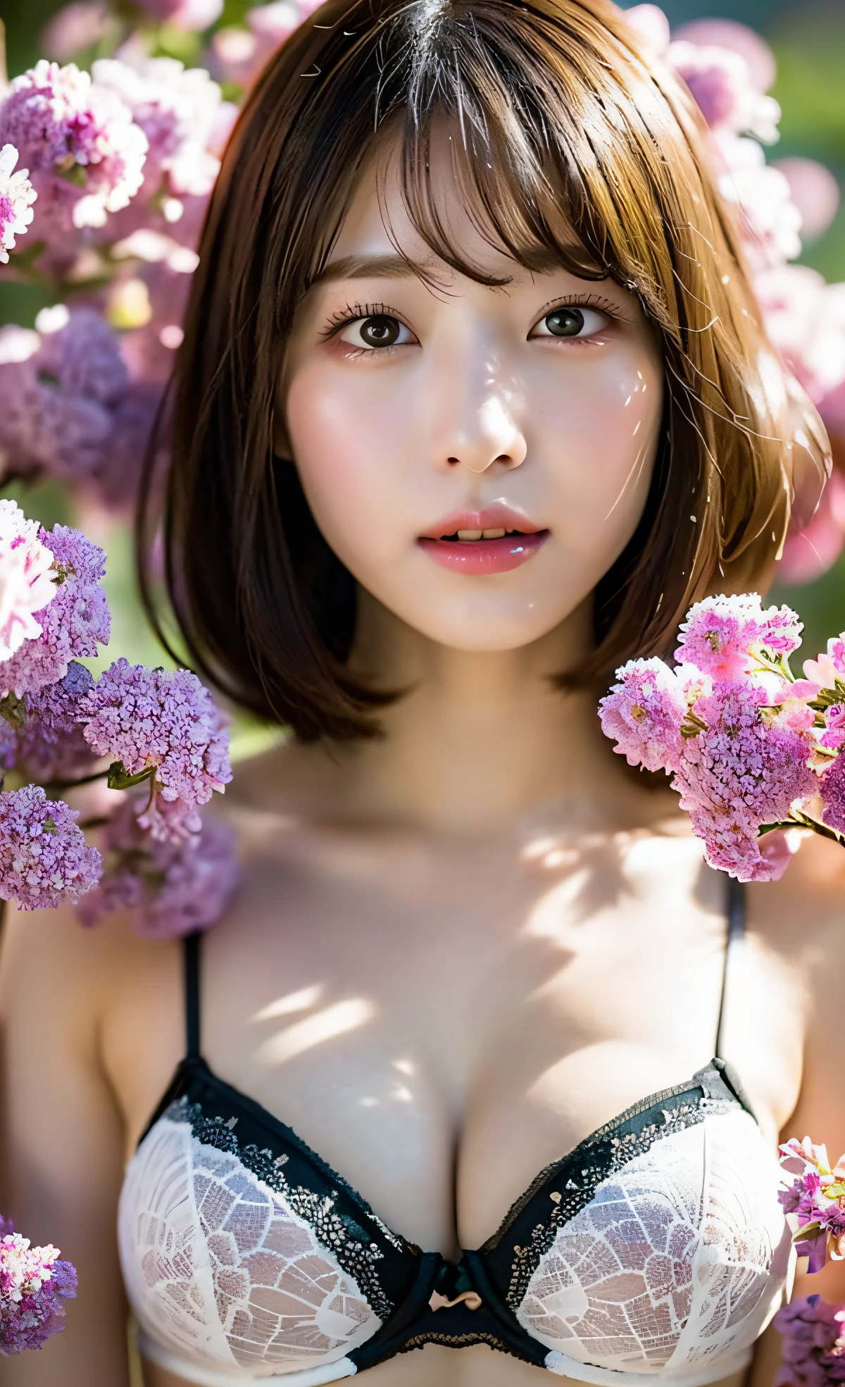 8K,Professional Lighting ,Aerial perspective ,超A high resolution ,(photographrealistic: 1.3) ,kawaii , (tits out:1.1) ,vivid flowers ,plain white bra,Detailed face ,bob cuts ,(((fullbody))) ,(((asymmetrical composition))) ,