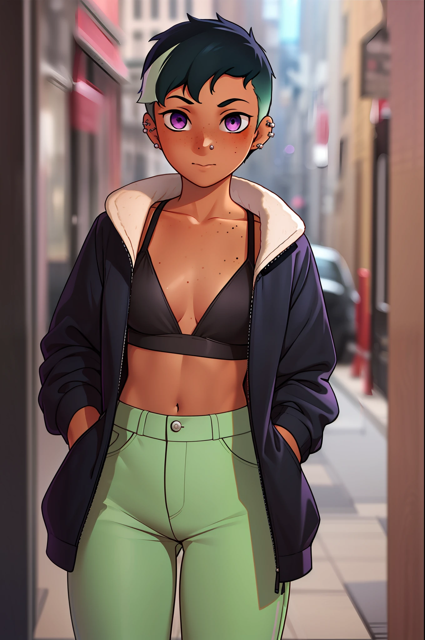 riley fairfeather, masterpiece, best quality 1girl, solo, 1girl, solo, freckles, dark skin, dark-skinned female, purple eyes, short hair, green hair, multicolored hair, very short hair, black hair, undercut, gradient hair, two-tone hair, piercing, ear piercing, nose piercing, small breasts, full body, standing, hands behind back, long pants, open jacket, no bra,