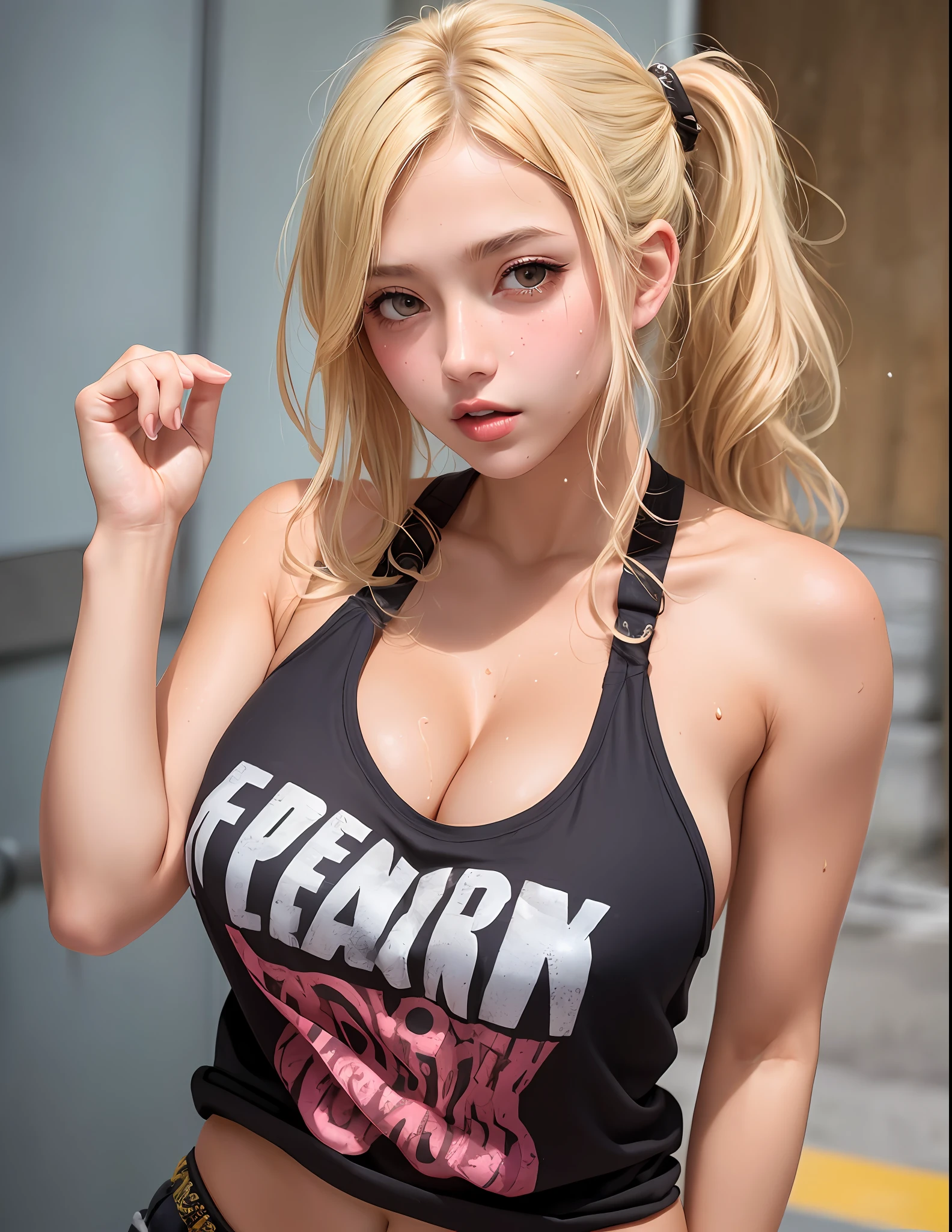 (1girl),large breasts, breasts, tan, dewy skin, sweaty skin, wavy blonde hair, punk tshirt, punk girl