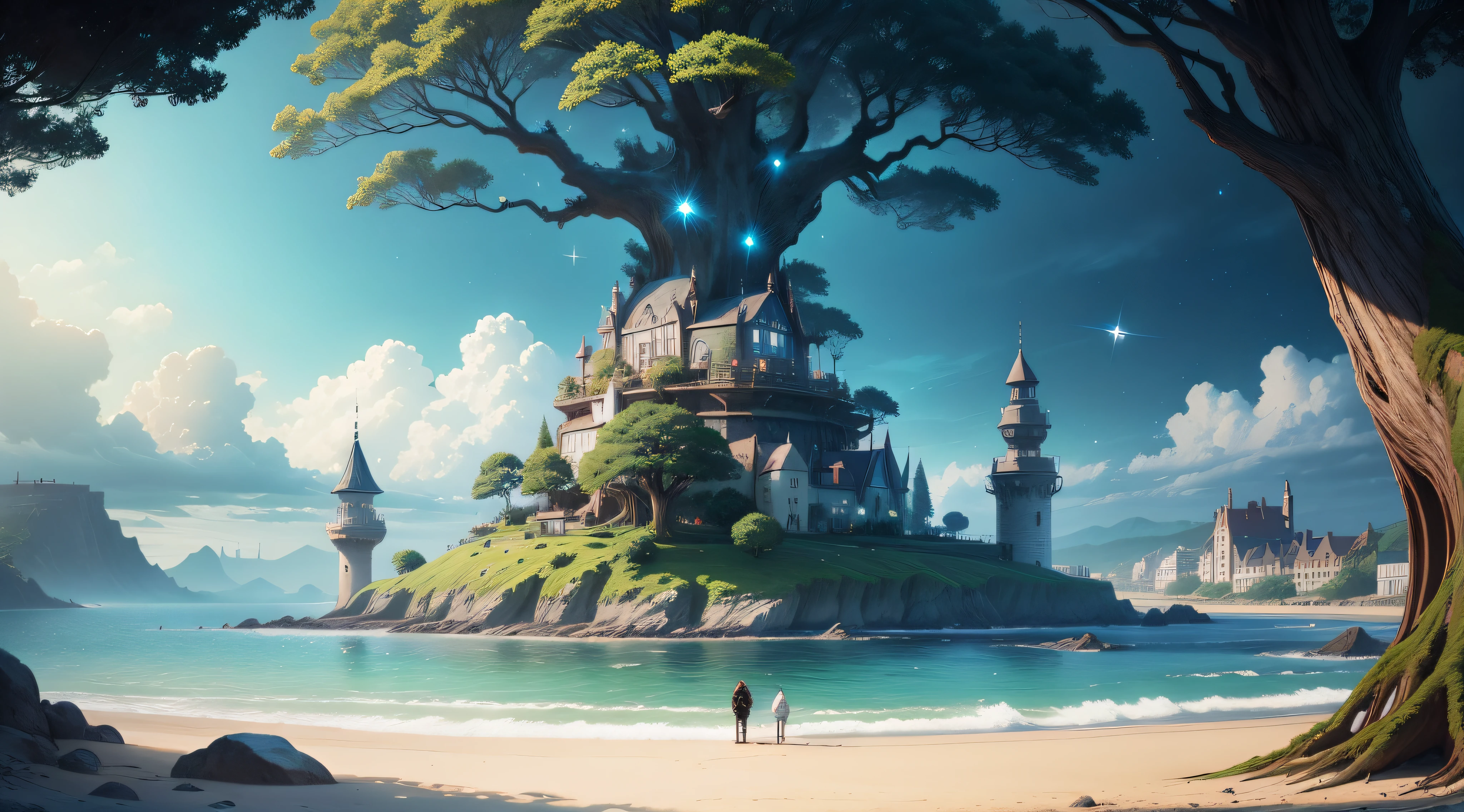 enveronment, sea, anime style, big old tree,medival city, fantasy, galaxy