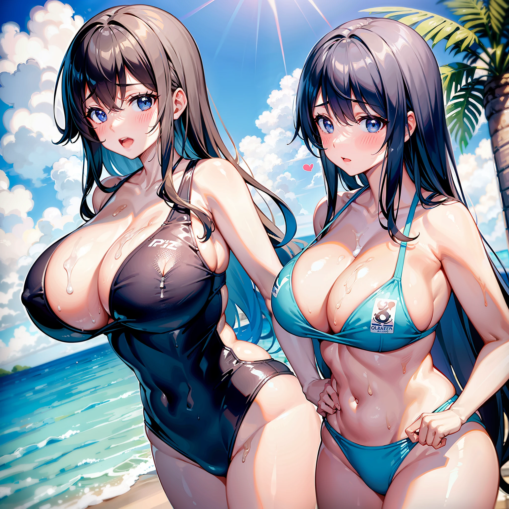 2girls，Extremely large breasts，Secretion of milk，milk，Get wet，full of sweat，Competitive swimwear，love heart，swimmning