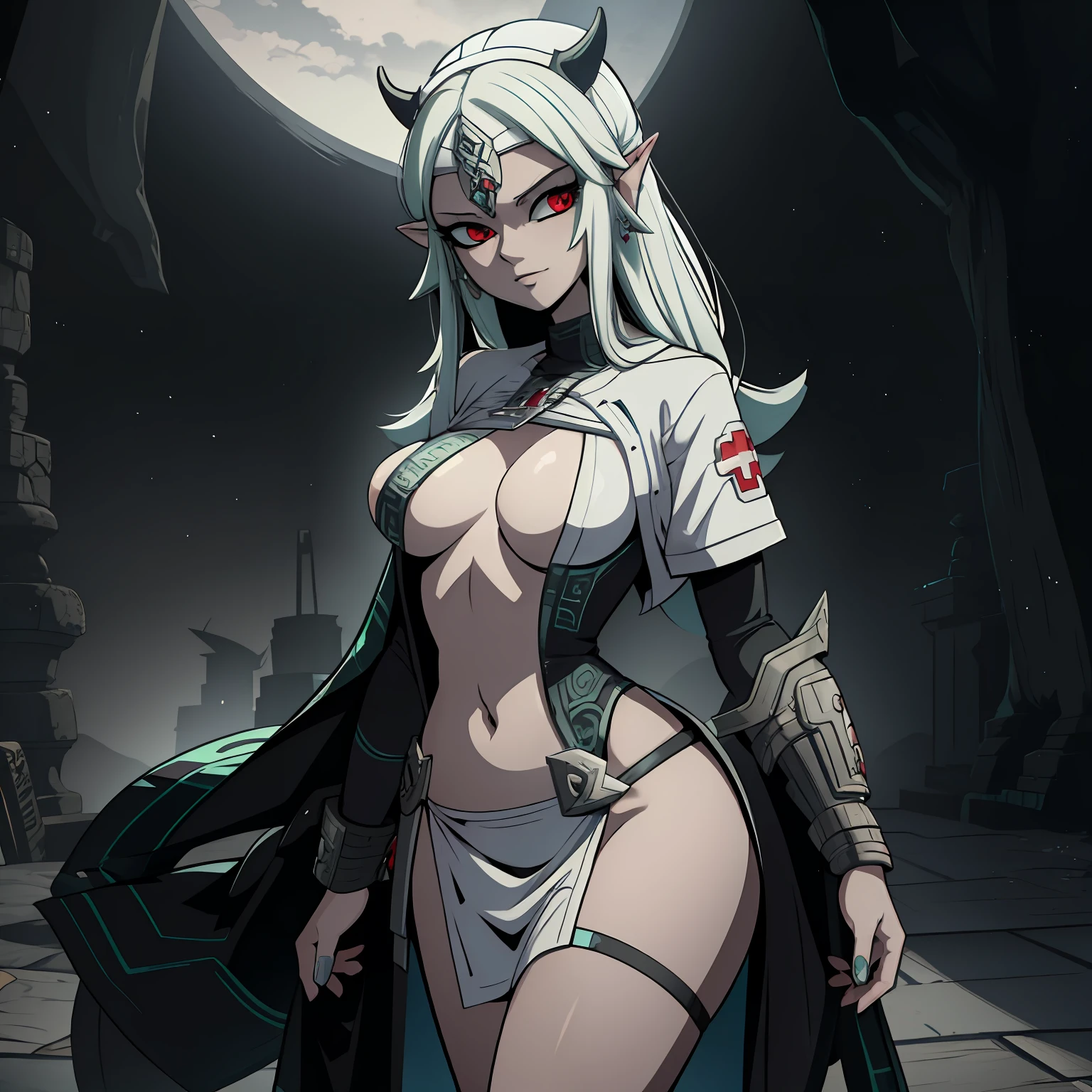 Midna female character from twilight princess reimagined, nurse, white clothing, nurse clothing, pretty, sexy, beautiful, super pretty, anime style