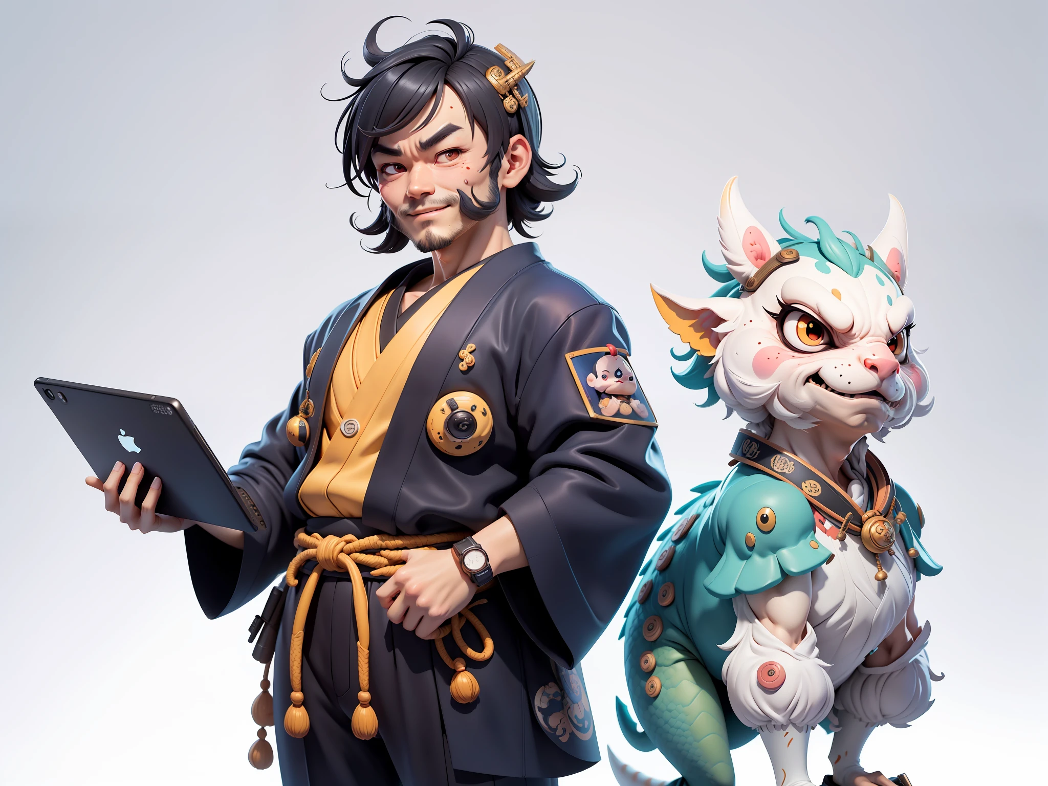 (Daisaku),(Need),(Super meticulous),(full bodyesbian:1.2),Japanese ukiyo-e girl，japanese geisha，Beautiful，Oriental dragon，Aeolian Thor，Raised sexy，爆乳，Oriental face，TV Anchor，Bust portrait illustration，Alone，In black suit，a blue tie，The face is slightly chubby，The face was clean，without a beard，Black super short hair，Black eyes，Smile confidently，3C computer sub-products，iPad， iphone，Digital painting，3D character design by Mark Clairen and Pixar and Hayao Miyazaki and Akira Toriyama，The illustration is a high-definition illustration in 4K resolution，With very detailed facial features and cartoon-style visuals。