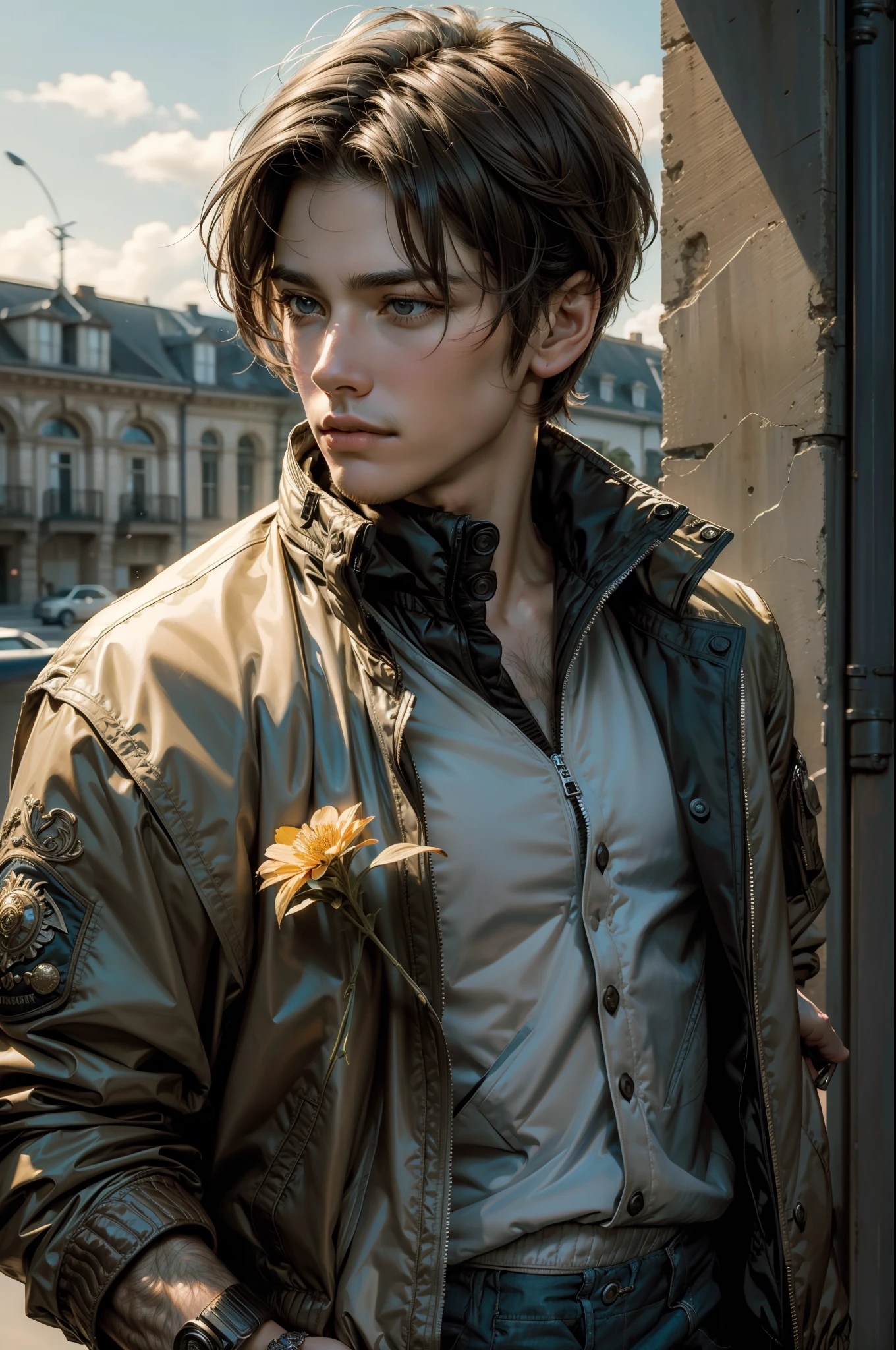 (masterpiece, ultra detailed), a ((brunette)) man, ((short hair)) beauty, holding a flower, ((wearing a jacket)), ((melancolic)), ((masculine))