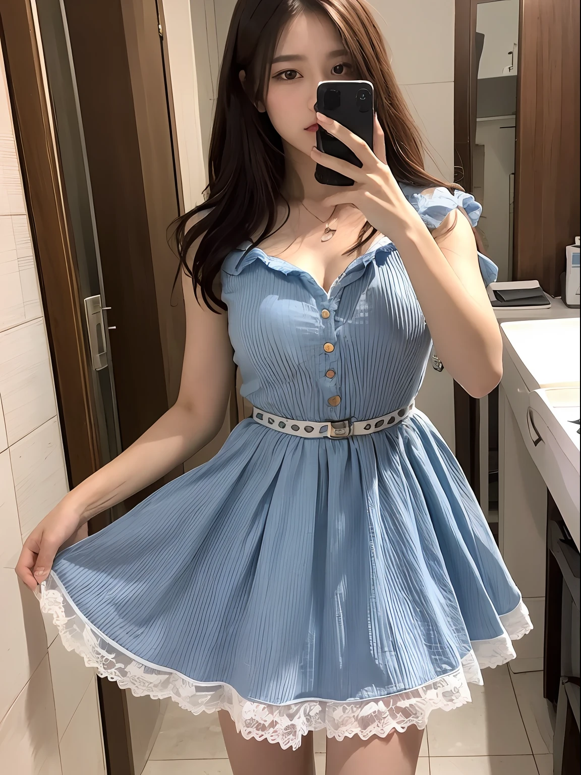 selfies((, Need, 8K, tmasterpiece:1.3)), Selfie Photos,1female,The upper part of the body,self-assured,(self-shot:1.5),liveroom,Focalors:1.2,Slim abs:1.1, ((Dark brown hair )), (a blue dress:1.2), Conservative dress,((sofe:1.3)), Highly detailed facial and skin texture,