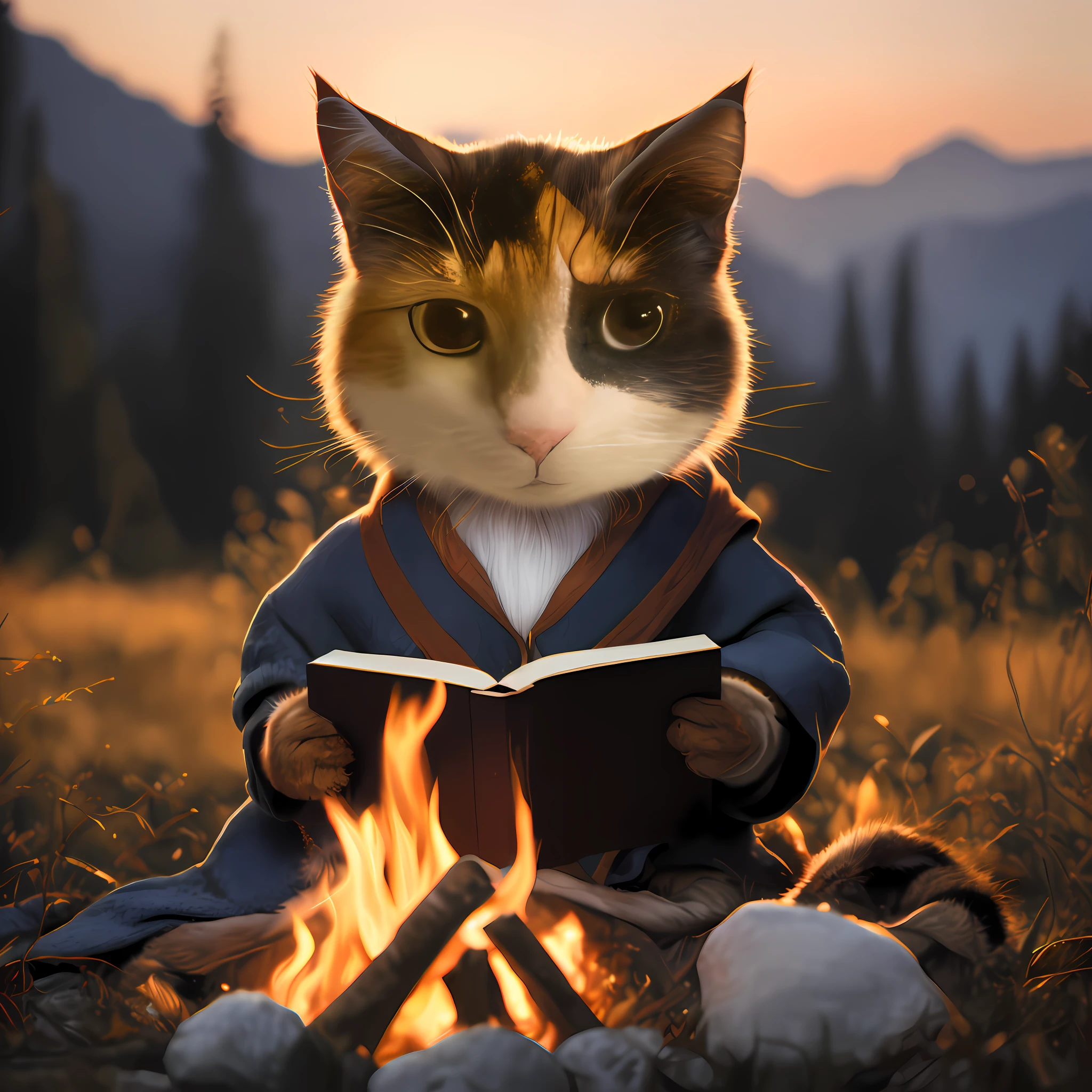 there is a cat that is sitting on a fire with a book, ryan dyar, adorable digital painting, samurai cat, warrior cats, warrior cats fan art, intellectual cat, fantasy book illustration, by Alexander Kucharsky, tabaxi monk, an anthro cat, super math wizard cat, erin hunter, rpg book portrait, hyperrealistic fantasy art