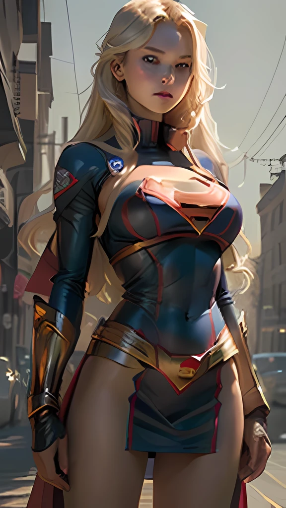 (Best quality)), ((Masterpiece)), ((Realistic)), (Detailed), Detailed face,supergirl Beautiful woman (20 years old, Long blonde hair, Blue eyes) Defined body, Detailed, using tube dress cosplay supergirl suite,(((Huge breasts)))