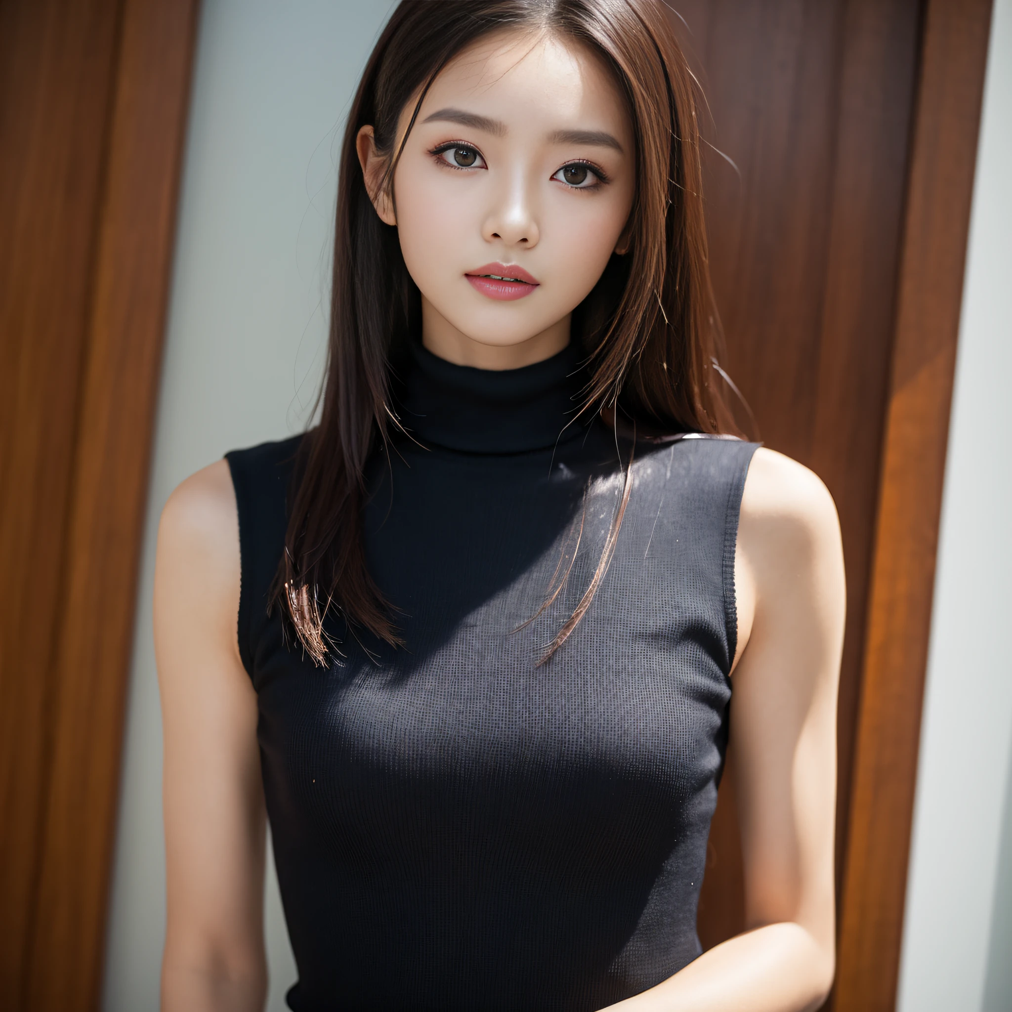 ((best qualtiy、8k masterpieces:1.3))、foco nítido:1.2、(ultra beautiful faces:1.0)、(shinny skin:1.0)、photos realistic、A dark-haired、Video Lighting、High-definition eyes and face、Video Lighting、(Korean Cute Actress)、from the front side、medium breasts、ssmile、Sleeveless、Slender Abs Beauty、(medium-full shot: 1.3)、turtle neck