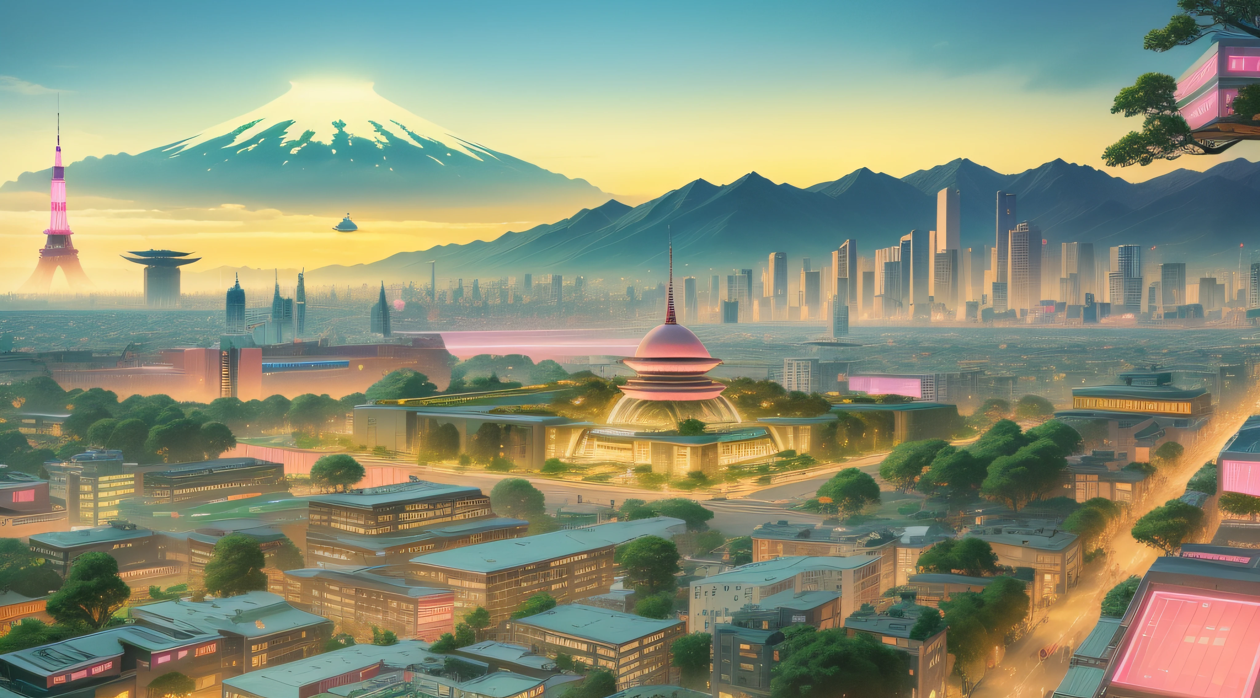 keep the colors, Make the city become futuristic, change all buildings to become more futuristic buildings, add floating cities, add more tall buildings, add Tokyo tower from afar, change green trees to pink, add flying cars, add flying futuristic airships, add pink leaves trees all over the places