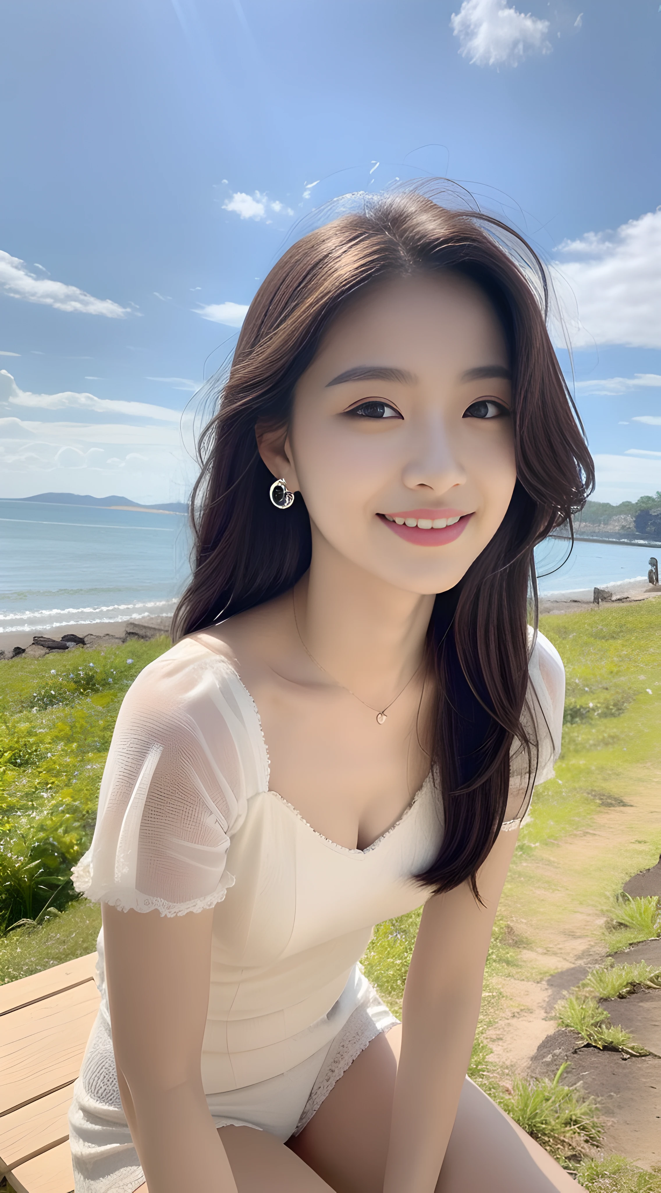 a young, Beautiful and cute Korean actress，Full body photo，Extremely beautiful and delicate，Black color hair，Pouting and smiling，Delicate and beautiful fair skin，Realistic and realistic，exquisite and complete facial features，Detailed depiction of the face，tall nose bridge，Smooth hair，extremely detail hair，Feminine temperament，Tall and tall，Thin，Realiy，White teeth，Tied up with hair，Hyper-realism，sandals，full body shot shot，Forward tilt angle,Extreme picture quality,Highest precision,Precise and perfect human anatomy。with blue sky and white clouds，with blue sky and white clouds，rays of sunshine，Cows, sheeps, (Crop topping，)（telephoto shot，）Express the landscape，Highlight portrait。Sitting on the beach by the sea。Wearing earrings