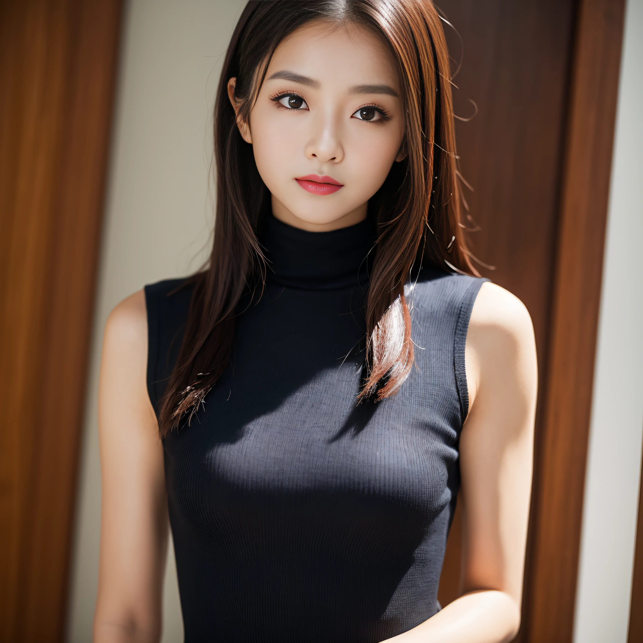 ((best qualtiy、8k masterpieces:1.3))、foco nítido:1.2、(ultra beautiful faces:1.0)、(shinny skin:1.0)、photos realistic、A dark-haired、Video Lighting、High-definition eyes and face、Video Lighting、(Korean Cute Actress)、from the front side、medium breasts、ssmile、Sleeveless、Slender Abs Beauty、(medium-full shot: 1.3)、turtle neck